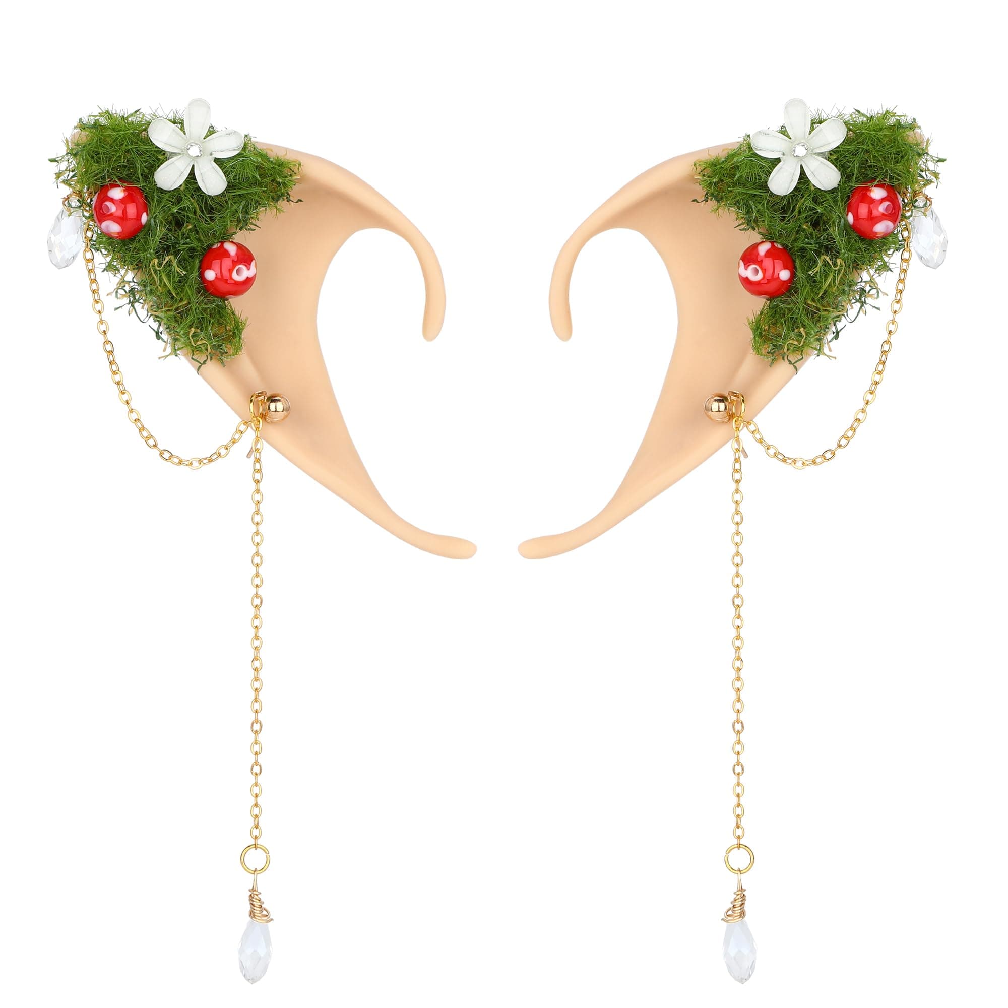 FRESHME Forest Mushroom Elf Ears, Soft Fairy Ears with Mushroom Moss and Flower Elven Ear Cuffs Halloween Renaissance Cosplay