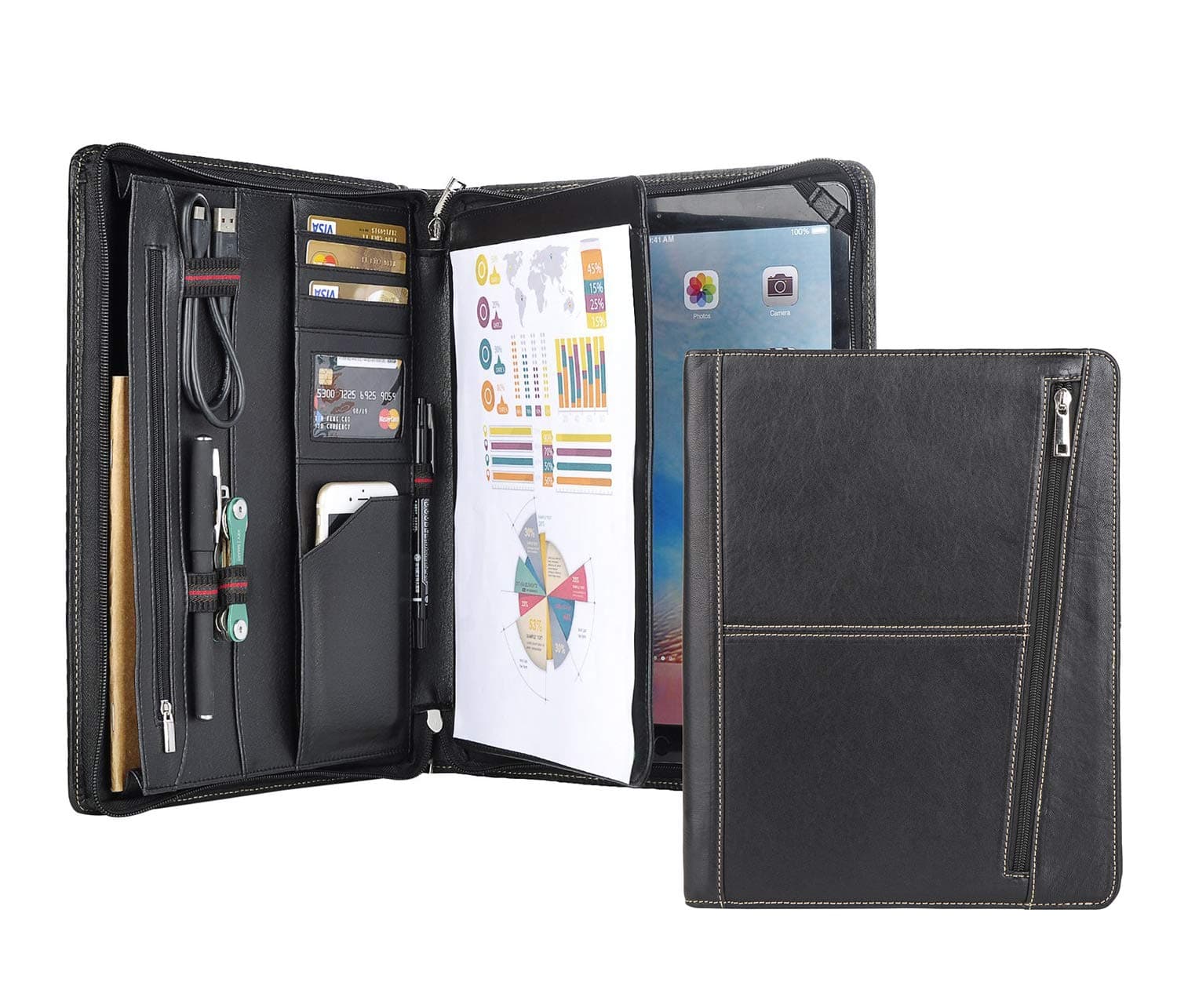 Leather Portfolio A4 Business Padfolio Handmade Genuine Leather Document Holder Zipped Organiser Case Conference Folder with iPad Holder for iPad 10.5/11" Black