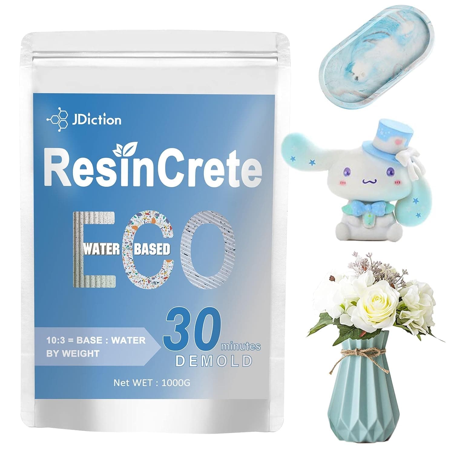 ResinCrete, 1000g Water Based Casting Resin for Beginners, 20-30 Min Fast Curing Terrazzo Resin, Self Leveling, Easy Mix Casting & Coating