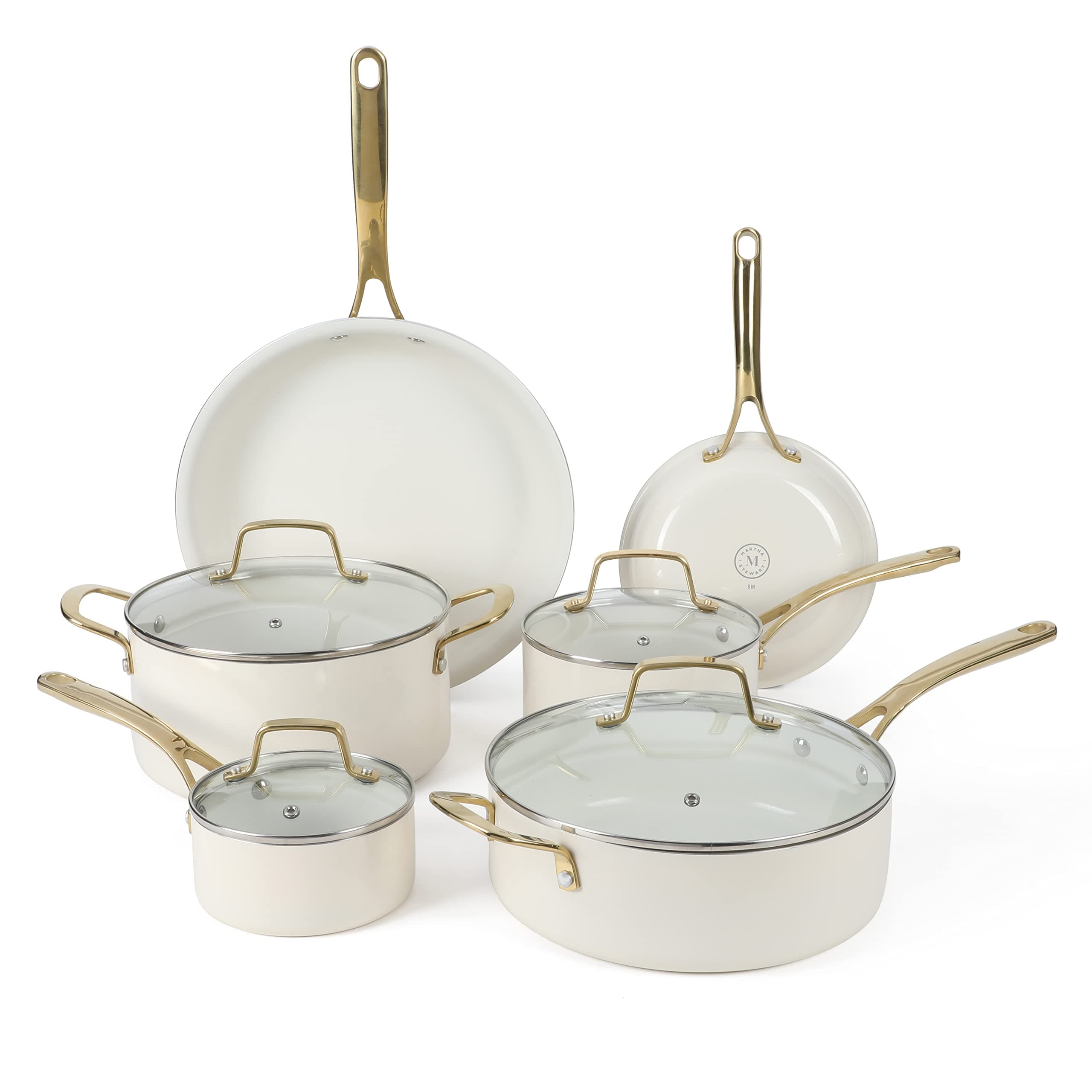 Lockton Nonstick Ceramic Interior 10 Piece Enamel Auminum Cookware Set - Linen w/Gold Handle