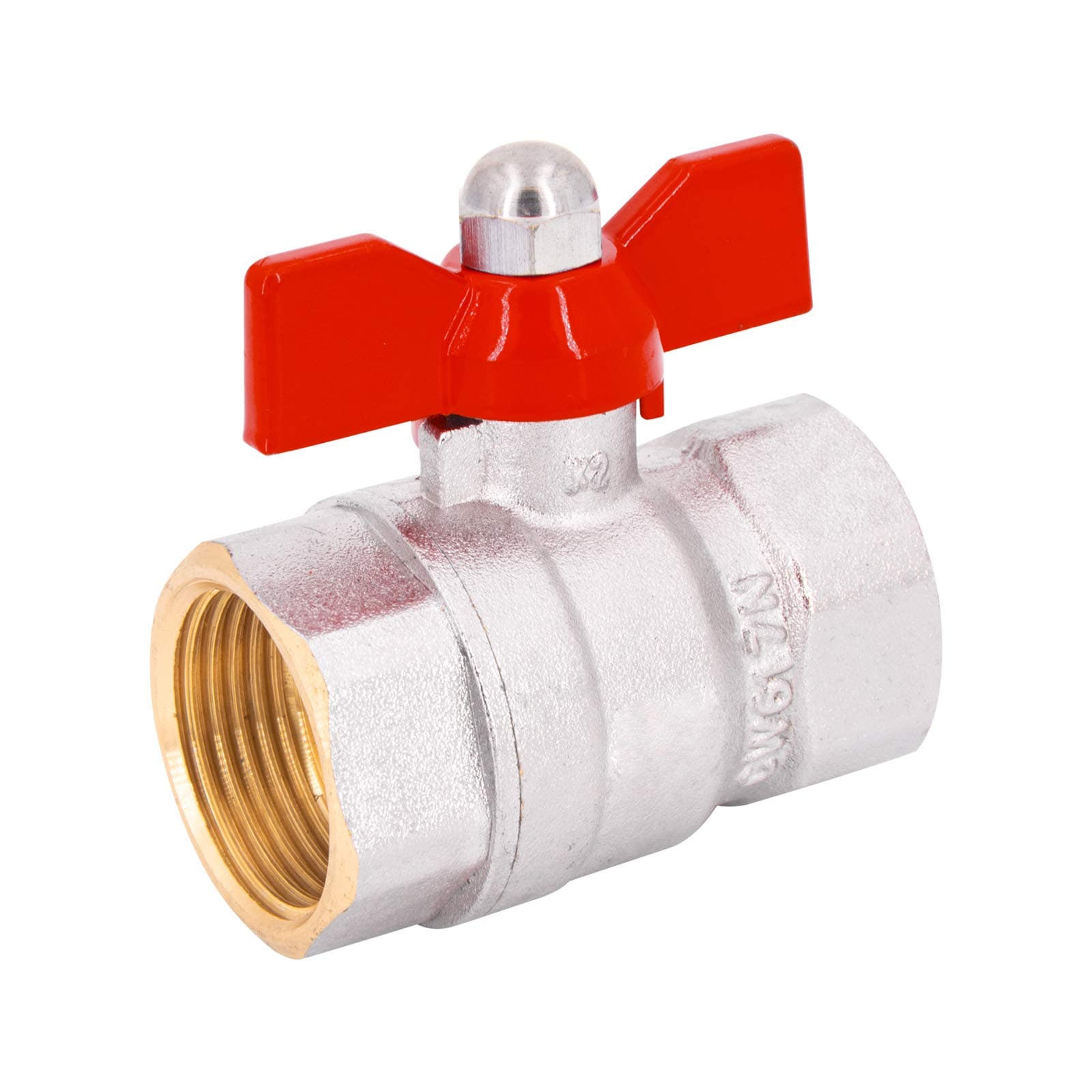 Brass Ball Valve Full Bore, Female X Female Threaded Fitting, with a Red Butterfly Handle