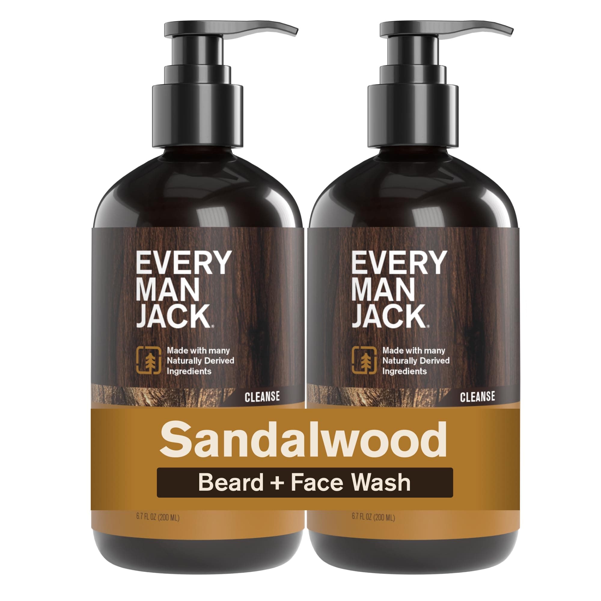 Every Man Jack Sandalwood Beard Wash - Cleanse, Soften, and Hydrate for a Healthier Beard - Made w/Naturally Derived Ingredients like Aloe Vera and Coconut - 6.7 oz - 2 Pack