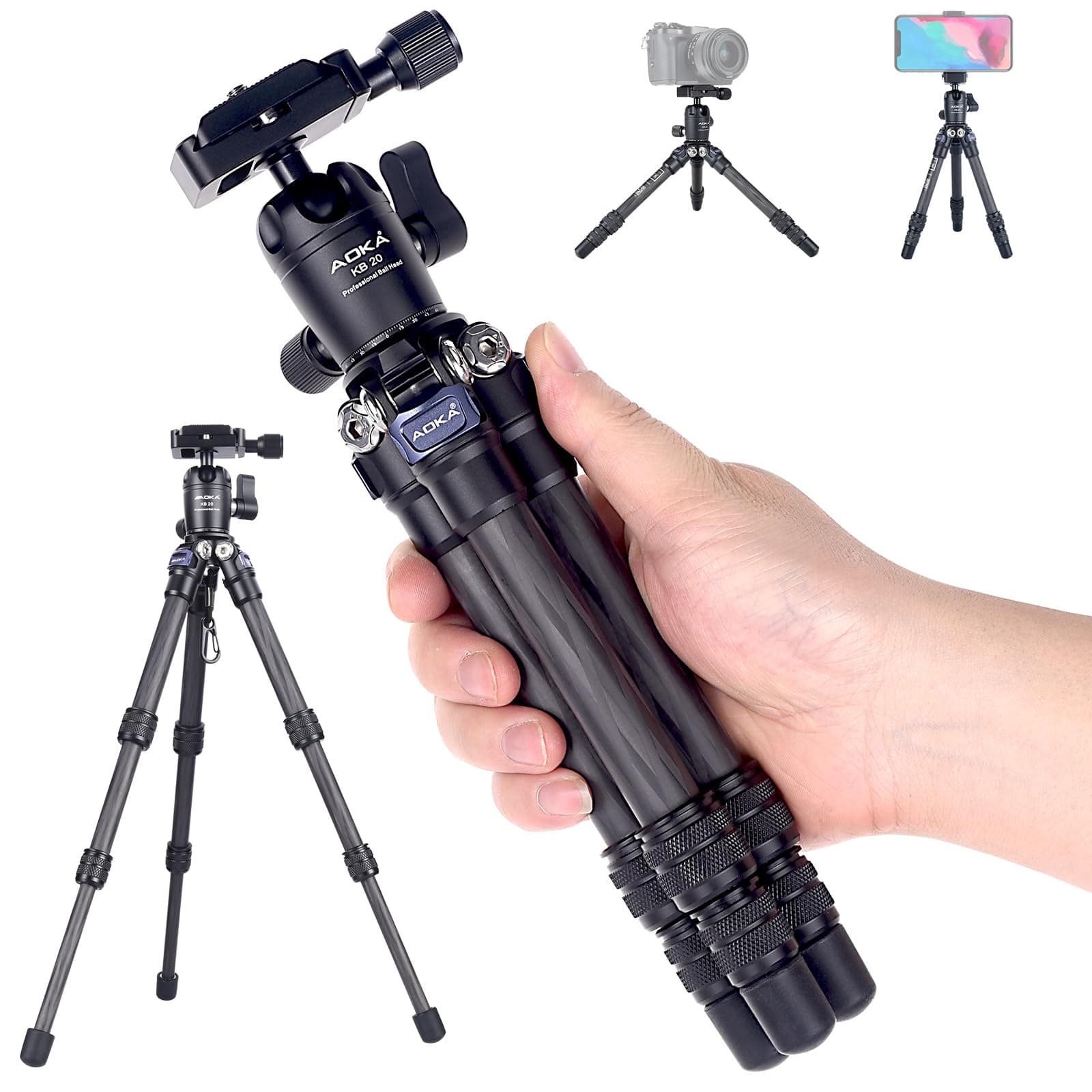 AOKA 15.75"/0.99 lbs Mini Carbon Fiber Tripod, Compact Pocket Travel Tabletop Tripod for Mobile Phones, Mirrorless Cameras, Digital Cameras, Projectors, Webcams