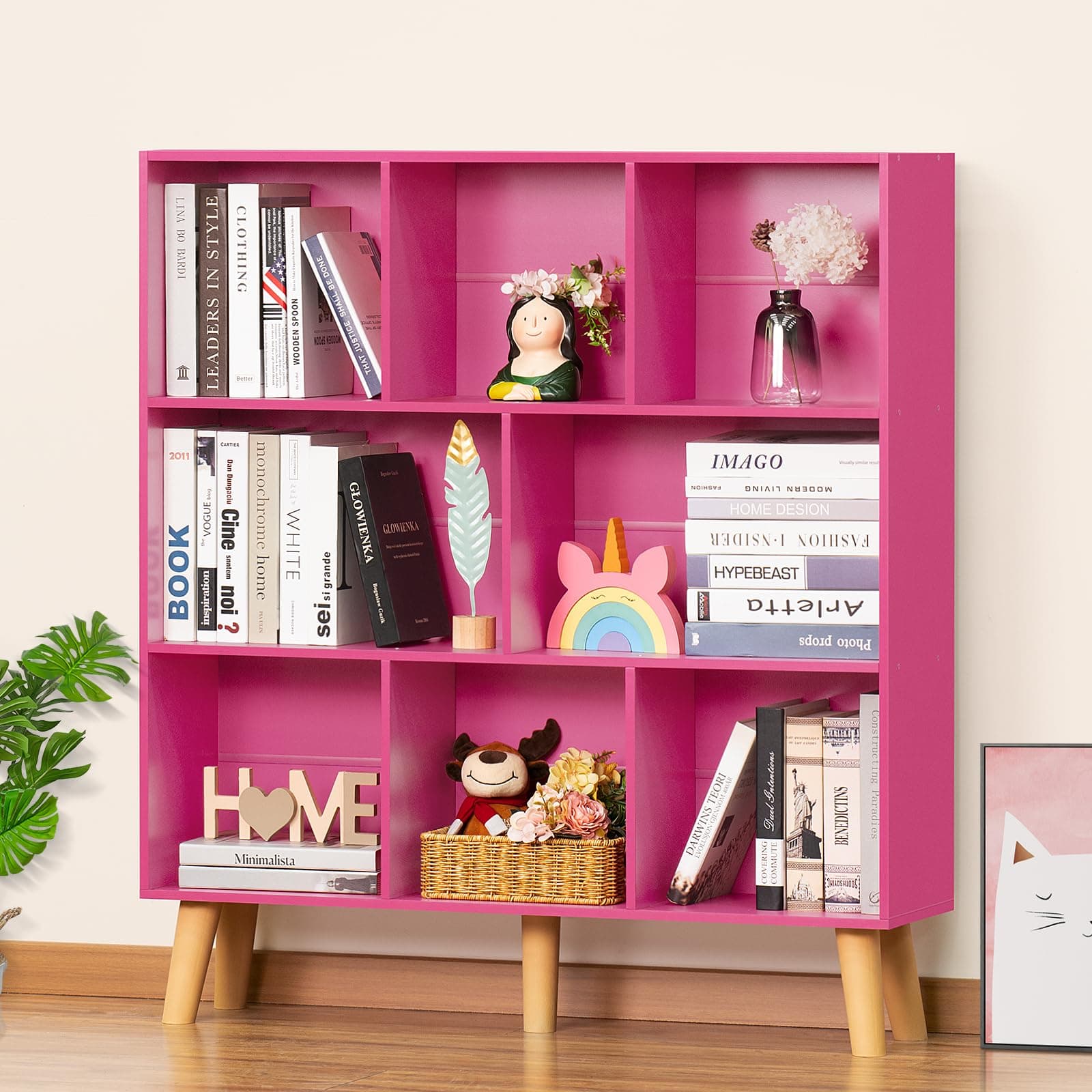 LEYAOYAO Bookshelf,3 Tier Book Shelf with Legs,Pink Modern Bookshelf,Large Freestanding Open Modern Bookshelves,Display Bookcases Decor Furniture for Nursery