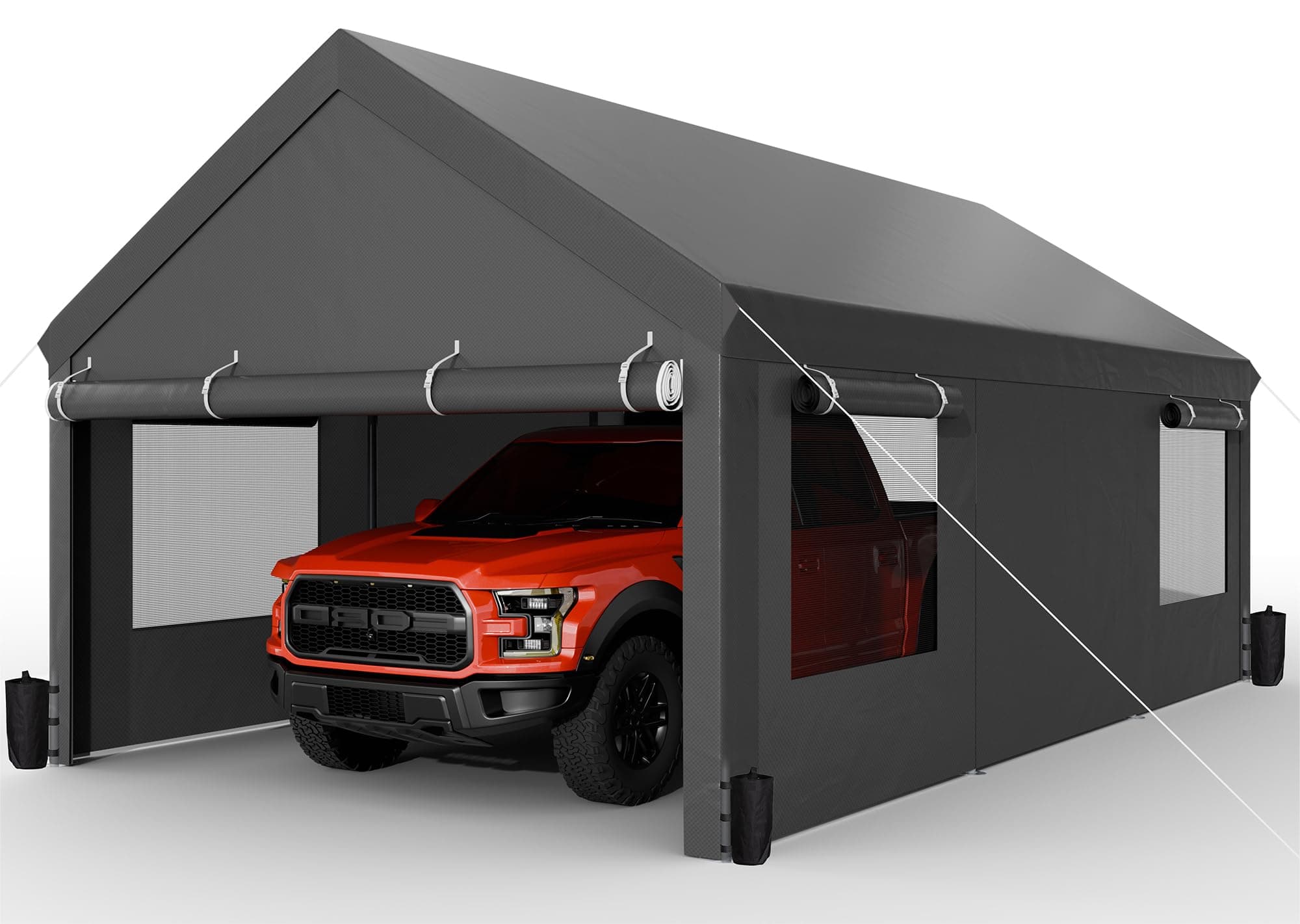 JAMFLY Carport, 12x20 ft Heavy Duty Carport with Roll-up Windows, Portable Garage with Removable Sidewalls & Doors, Car Canopy with Sandbags and All-Season Tarp for Car Boat Truck Motorcycle