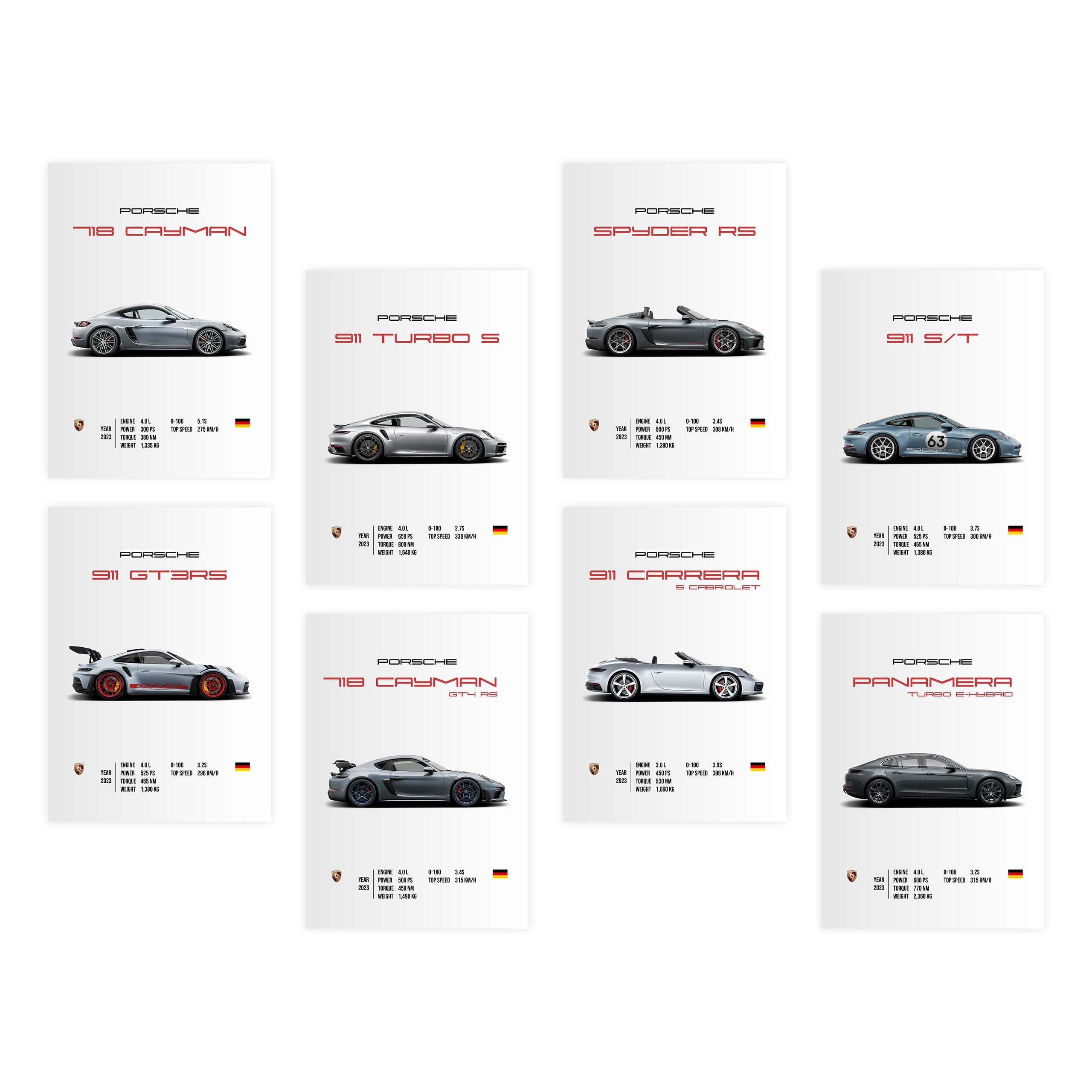 Pack of 8 - Porsche Sports Cars Wall Posters 8x12 inch (A4 Size) Included Glue dots Wall Decor Posters Wall Art For Bedroom, Living room, Office, Dining Room-Cardstock