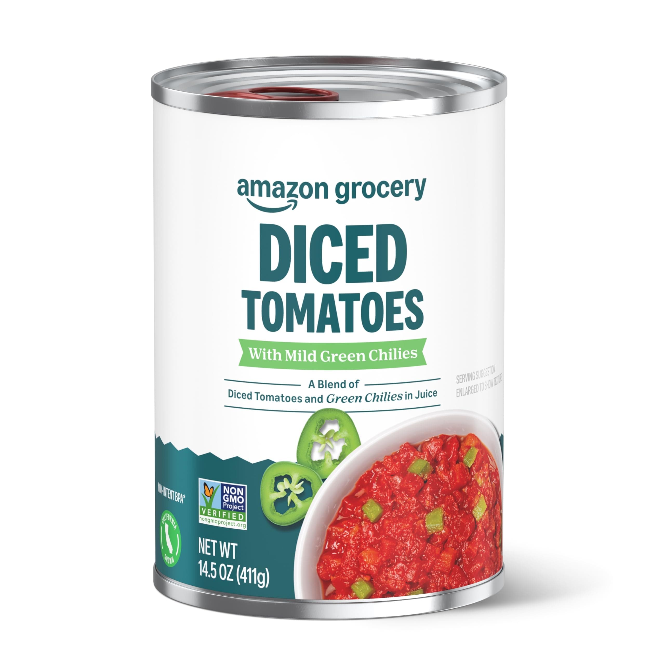 Amazon Grocery, Diced Tomatoes with Mild Green Chilies, 14.5 Oz (Previously Amazon Fresh, Packaging May Vary)
