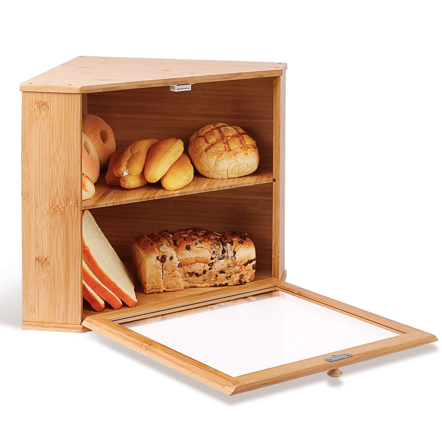 Modern Rustic Double Layers Bamboo Corner Bread Box, Wooden Large Capacity Bamboo Bread Food Storage Bin