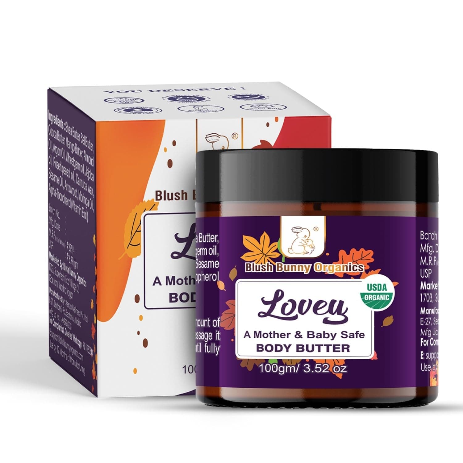 Blush Bunny Organies Lovey Mother & Baby Safe Body Butter Cream, Natural, Vegan & Non-Toxic With Organic Cocoa & Shea Butter, Pregnancy & Baby Safe, Ideal For Dry Skin, 100g / 3.52oz