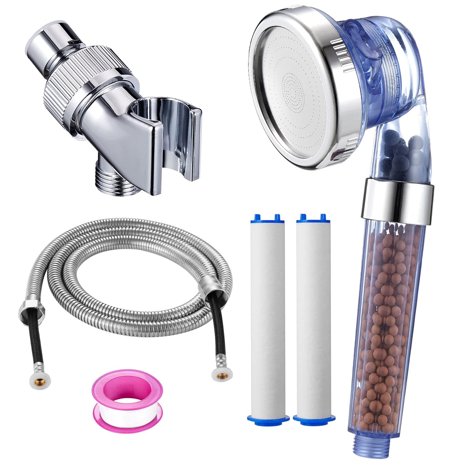 Filtered Shower Head with Mineral Stone Beads Filter, 3 Settings Handheld Spray Shower, High Pressure Water Saving Showerhead with Hose, Adjustable Shower Arm Mount and PP Cotton Filter Refill