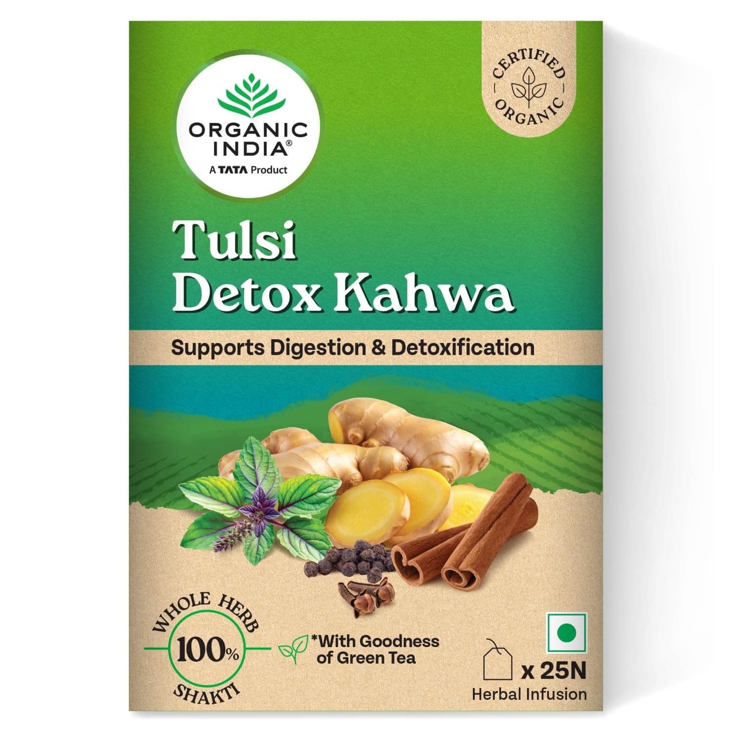 A TATA Product - Organic India Tulsi Detox Kahwa - 25 Tea Bags, Helps Improve Digestion & Detoxification, Rich in Antioxidants, Made with Tulsi, Ginger, Clove, and Green Tea