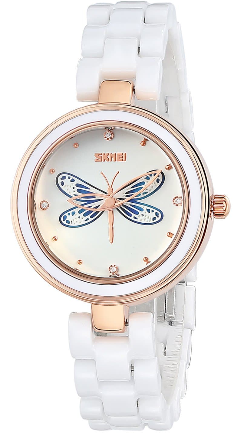 INWET White Ceramic Bracelet Wristwatch for Ladies,3D Dragonfly Design Dial,Elegant Crystal Watch