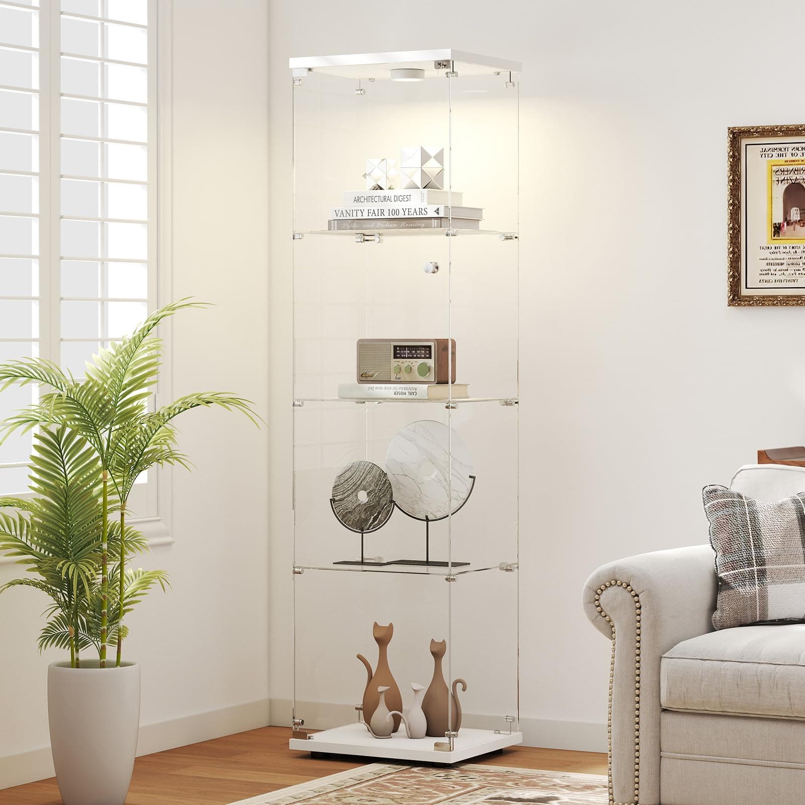 Tempered Glass Display Cabinet with Lights, 4-Tier Curio Cabinet with Glass Doors and Lock, Glass Display Case for Collectibles, for Living Room, Bedroom, Office, White, Single Door