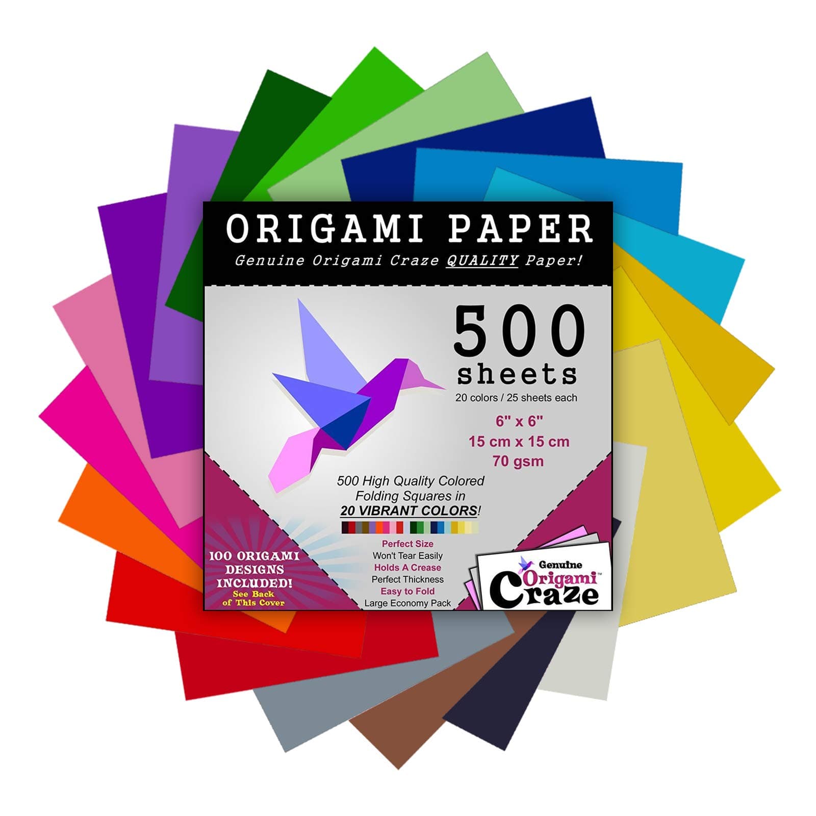 Paper 500 Sheets For Arts And Crafts 6 Inch Square Sheets 20 Vivid Colors 100 Design E Book Included Red, Blue, Green, Yellow, Orange, Purple, Black, White, Pink