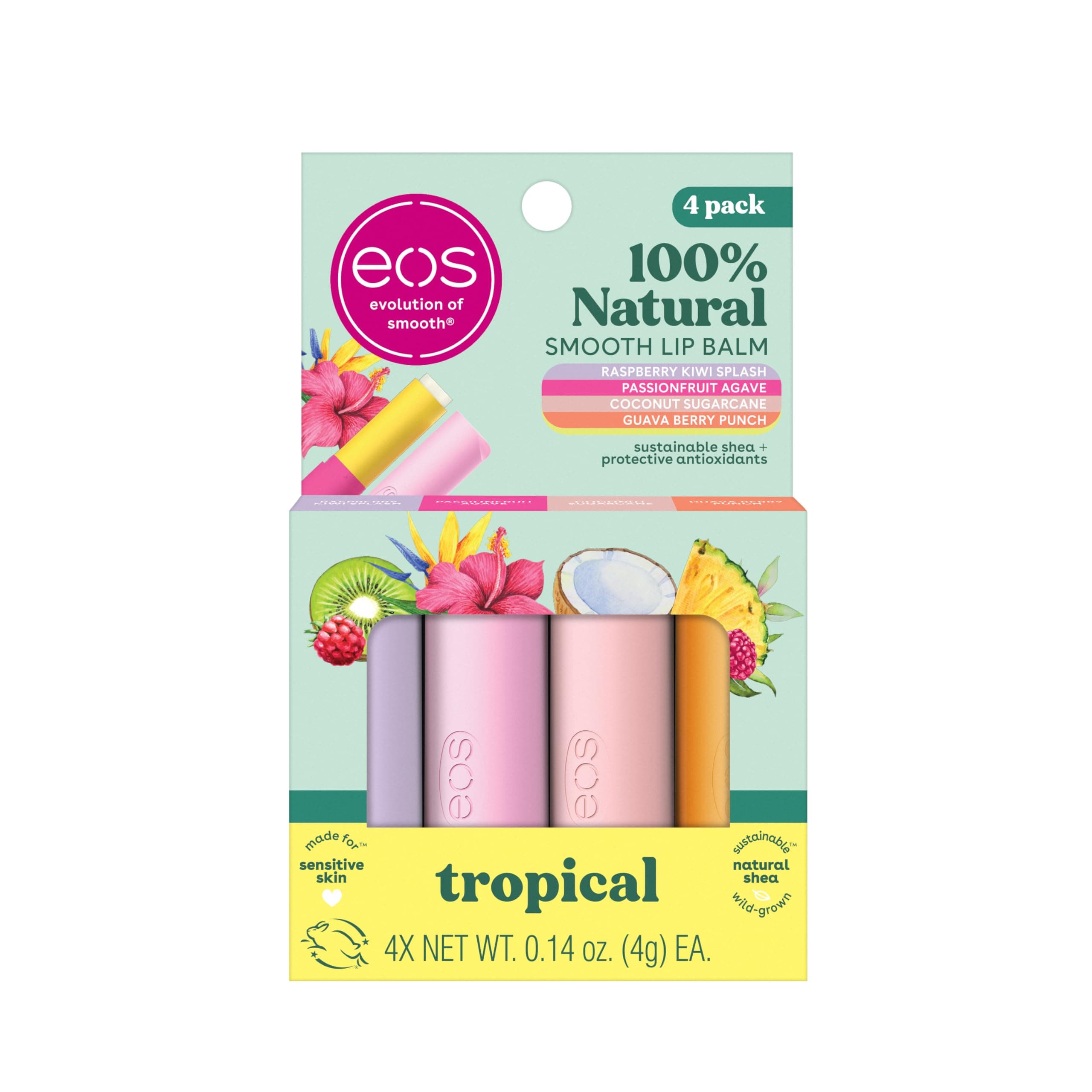 FlavorLab Super Soft Shea Lip Balm Sticks - Totally Tropical Variety Pack | Lip Moisturizer | 24 Hour Hydration | Gluten Free Lip Care| 4 Pack,Dragonfruit