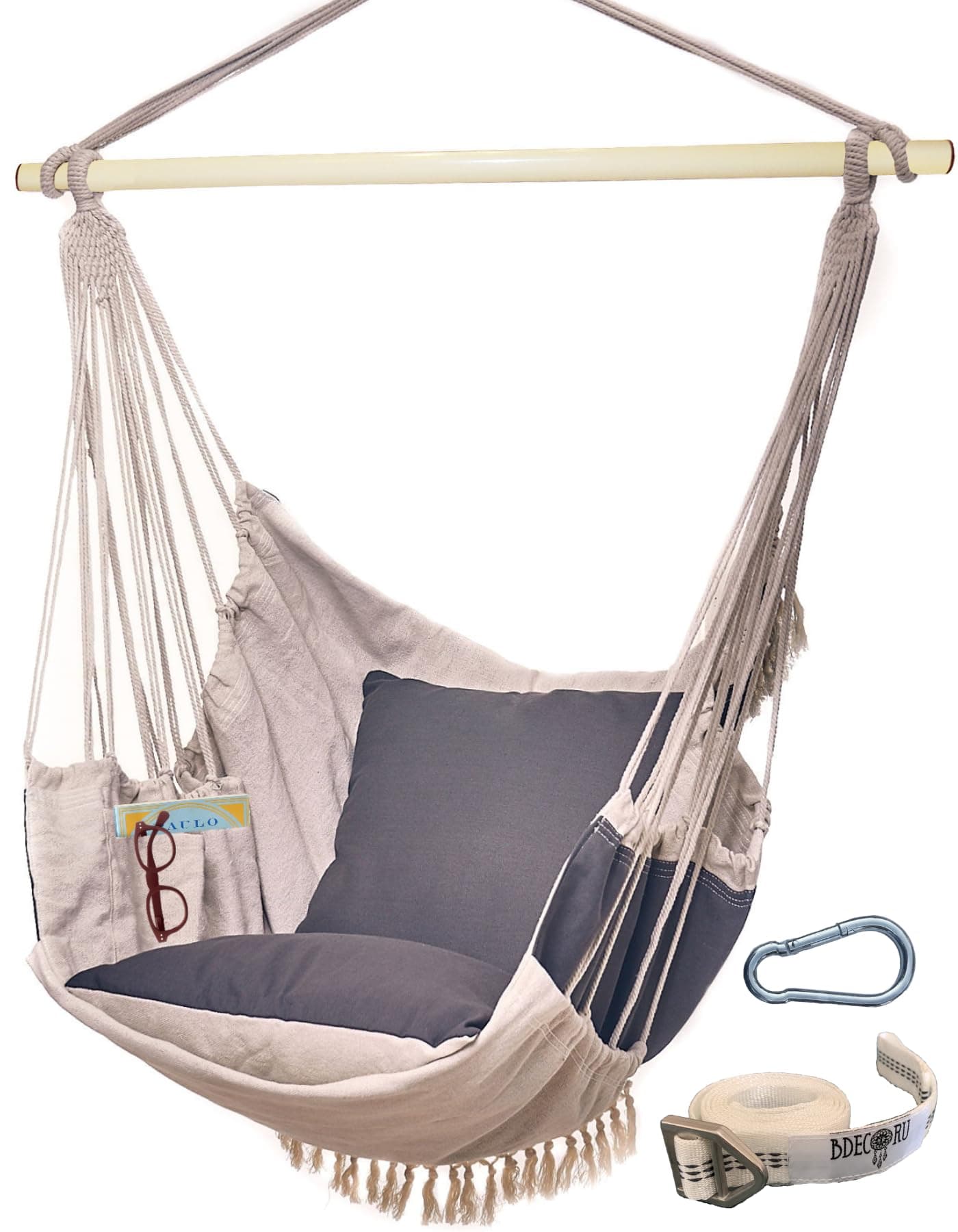 Hanging Hammock Chair Swing - Outdoor & Indoor Hammock Swing Chairs for Outside or Inside of Home, Swing Hanging Chair with Footrest - Includes 2 Cushions, Bag, & Hanging Kit - Gray Beige