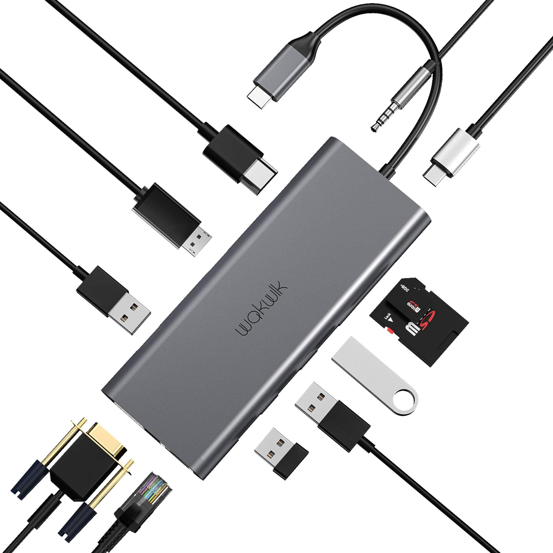 Wakwlk 12 in 1 Triple Displays (Only for Windows) USB Type C HUB with to HDMI, VGA, Displayport, PD3.0, Ethernet, 4 USB, SD/TF, Mic/Audio, Multiport Adapter Dongle for IPad MacBook Air Pro and More