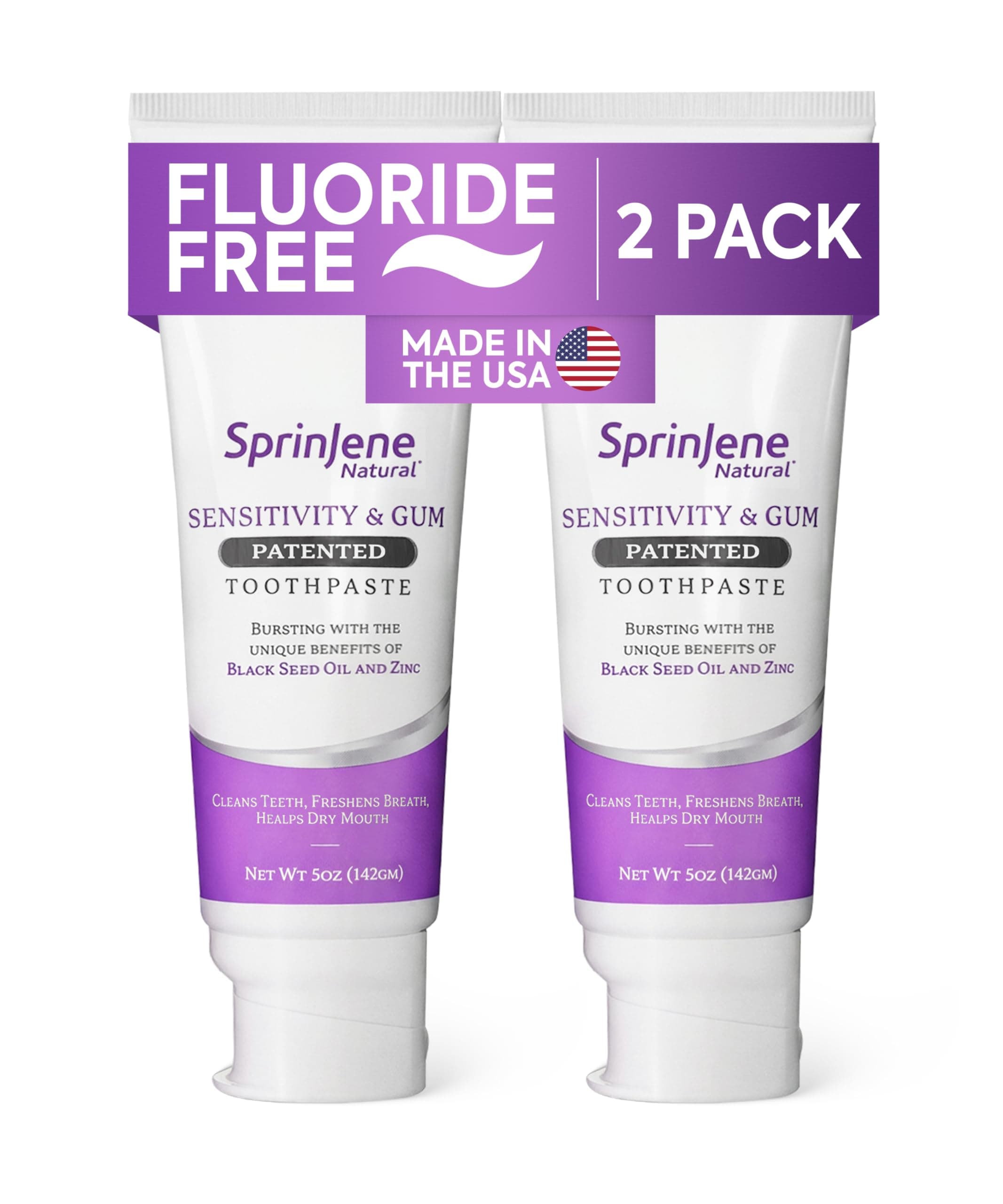 SprinJene Natural Fluoride Free Toothpaste for Sensitive Teeth & Gums (Lead-Free) – Patented Toothpaste with Black Seed Oil & Zinc – Dry Mouth Prevention for Fresh Breath – Made in The USA (2 Pack)
