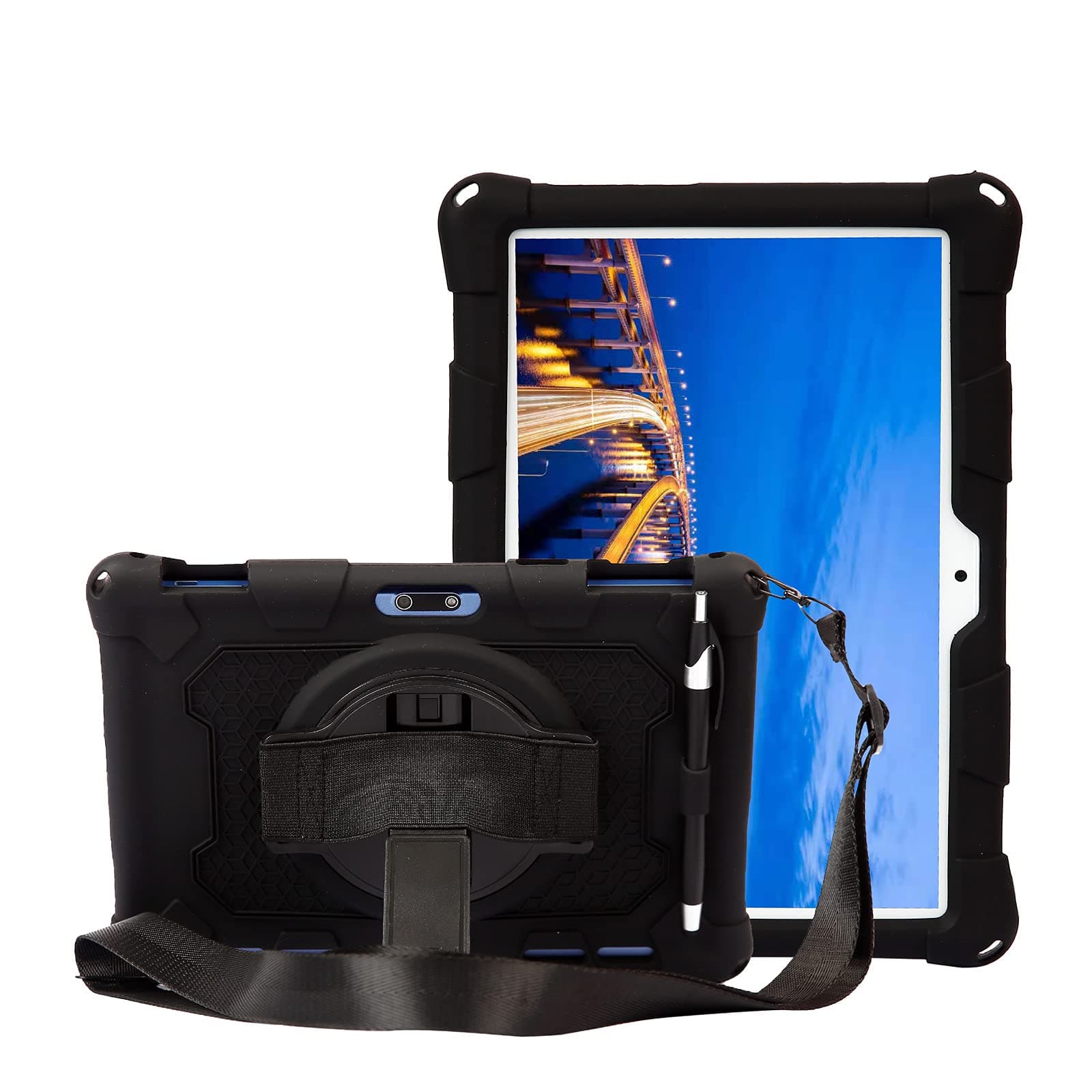 Tablet Case for 10 inch Tablets - Silicone Folio Stand Cover with Adjustable Hand Strap and Shoulder Strap - Compatible with Pritom M10, QunyiCO Y10, Gateway, Voger, Digiland - Black