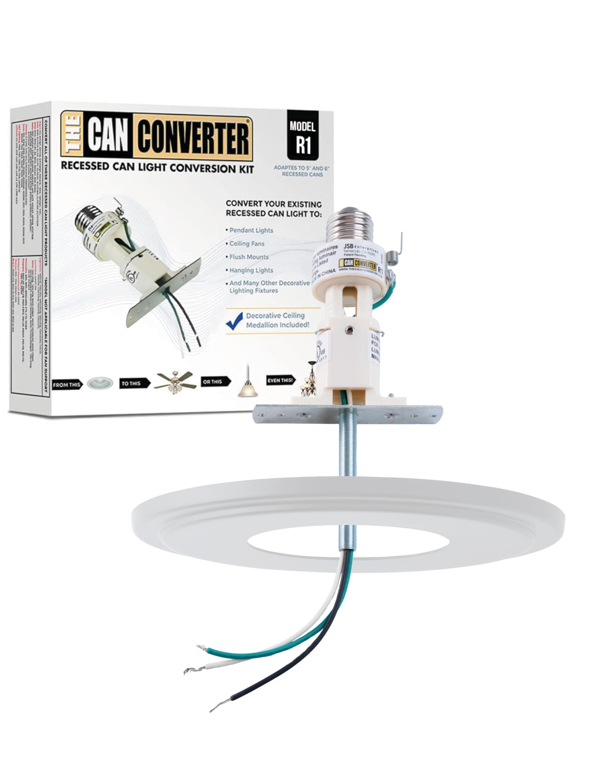 The Can Converter R1 Recessed Can Light Conversion Kit w/ 8¼" Steel Beveled Ceiling Medallion - Home Improvement for 4", 5" & 6" Cans, Fan & Light Fixture Converter Kit, UL Certified, White