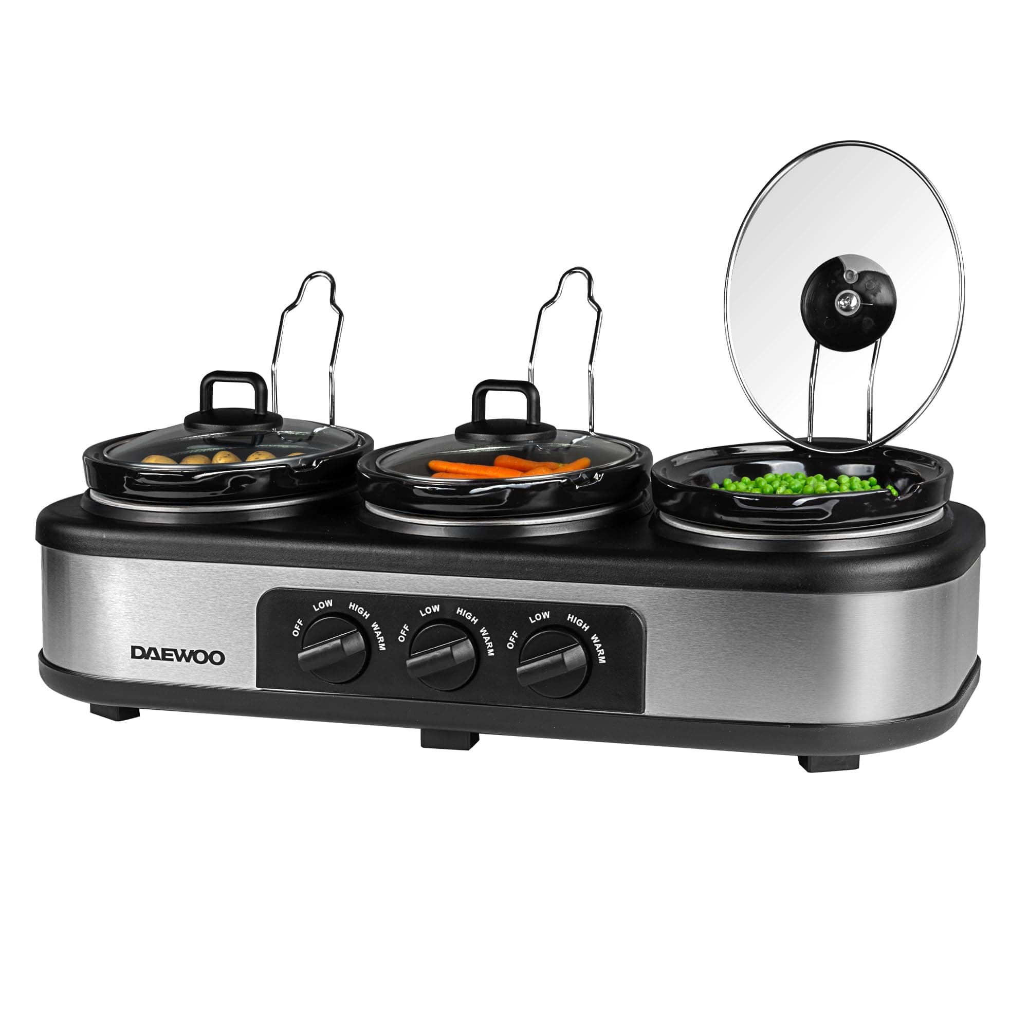 Daewoo Triple Slow Cooker 3 x 1.5L – Multi-Pot Electric Buffet Server with Individual Heat Settings (Low, High & Keep Warm), Ideal for Entertaining, Batch Cooking, and Family Meals, Black