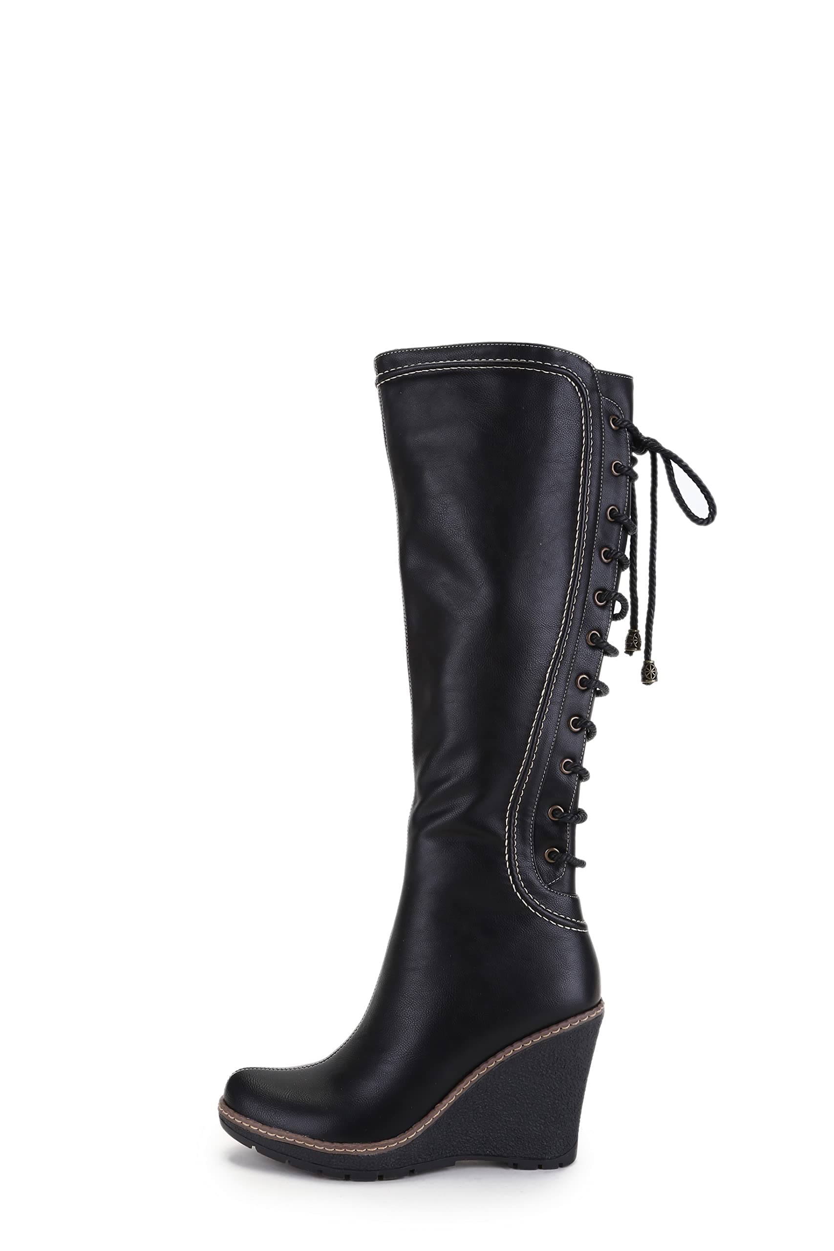 ANN CREEK 'Camuy' Stitching Back Lace Knee-High Wedge Boots Black