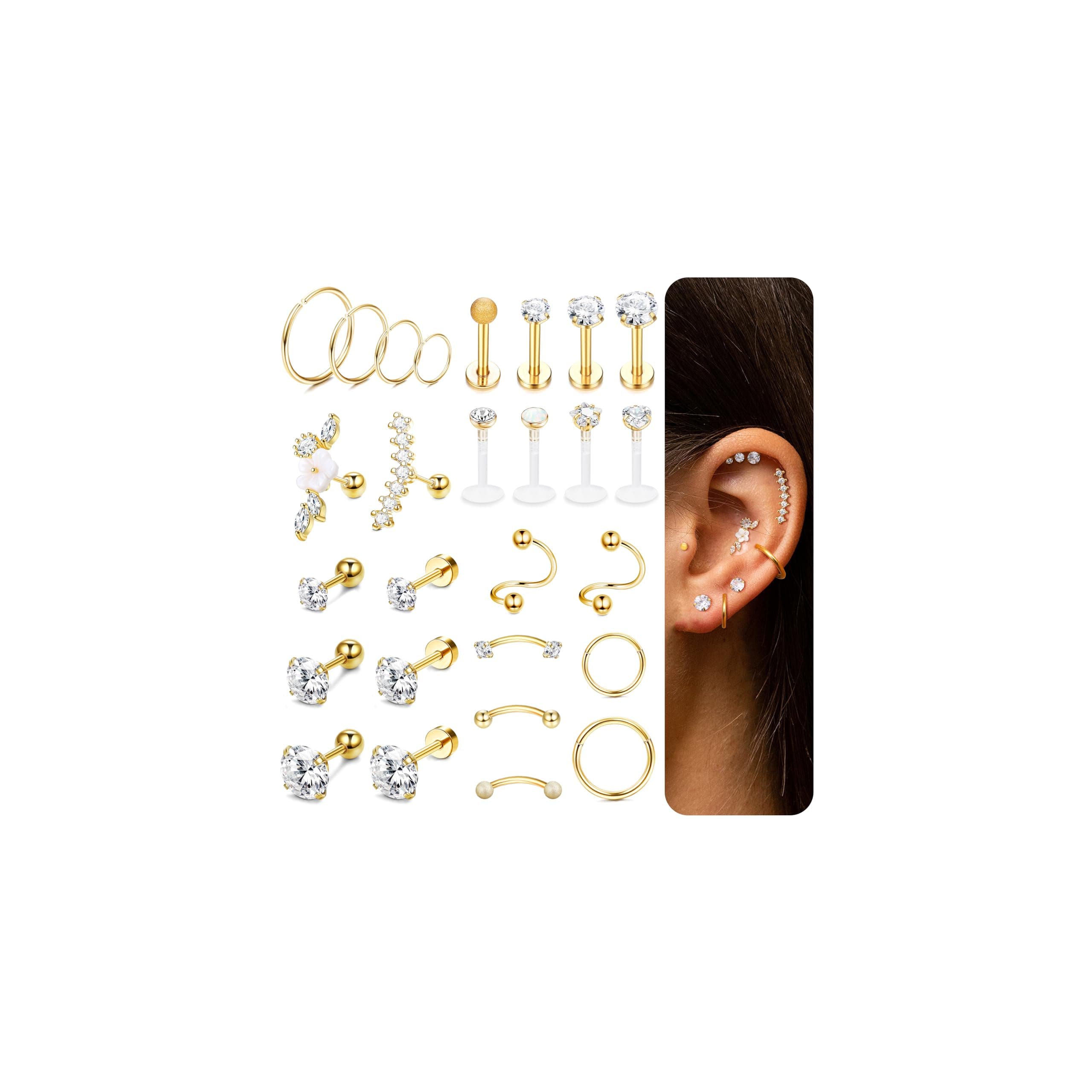 27Pcs 16G Cartilage Earrings Stud Hoop for Women Stainless Steel Forward Helix Piercing Tragus Earrings Conch Piercing Jewelry