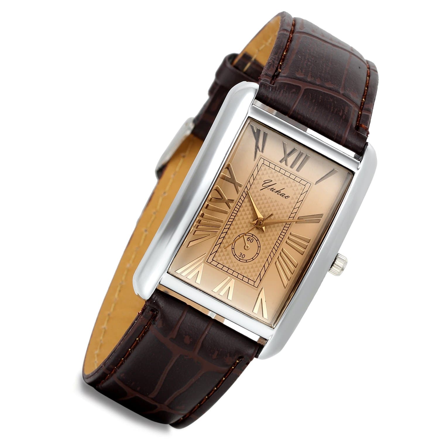 Retro Vintage Square Quartz Analog Watch Silver Tone Case Crocodile Pattern Brown Leather Business Casual Dress Wrist Watch
