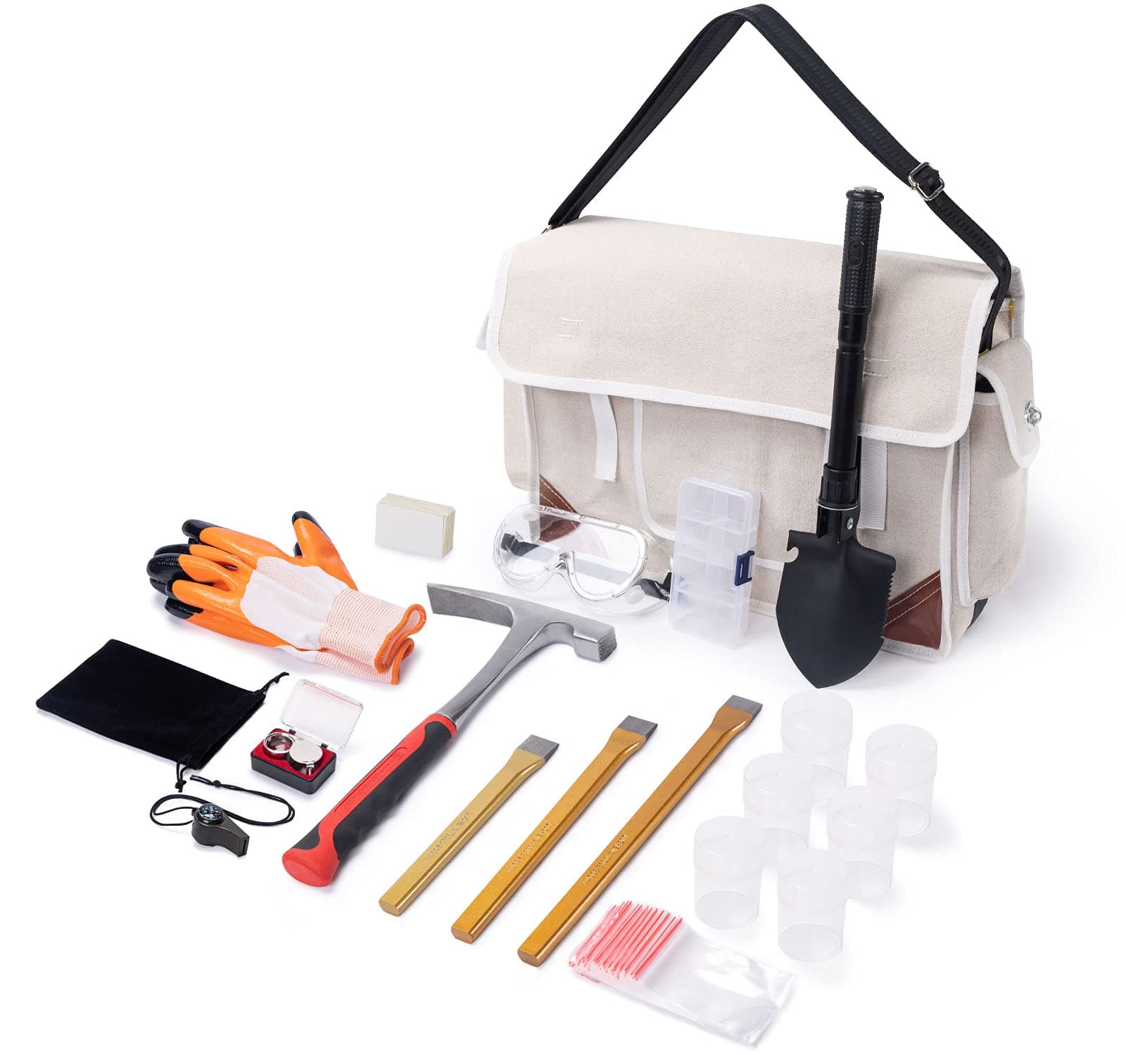 20 PCS Geology Tools and Rock Pick Hammer Set for Rock Hounding, Gold Mining with Brick Hammer, 3 PCS Digging Chisels, Folding Shovel, Gloves, White Musette Bag