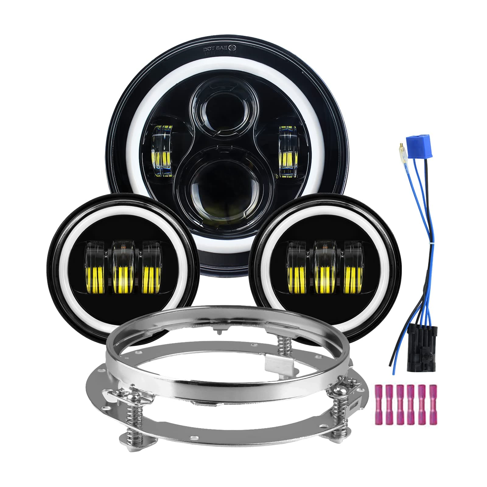Atubeix 7" Halo LED Headlight Bulb Kit + 4.5" Fog Lights and Mounting Ring Kit for Street Glide Ultra Classic Road King Electra Glide Heritage Softail Slim Deluxe Fatboy Tri CVO accessories(Black)
