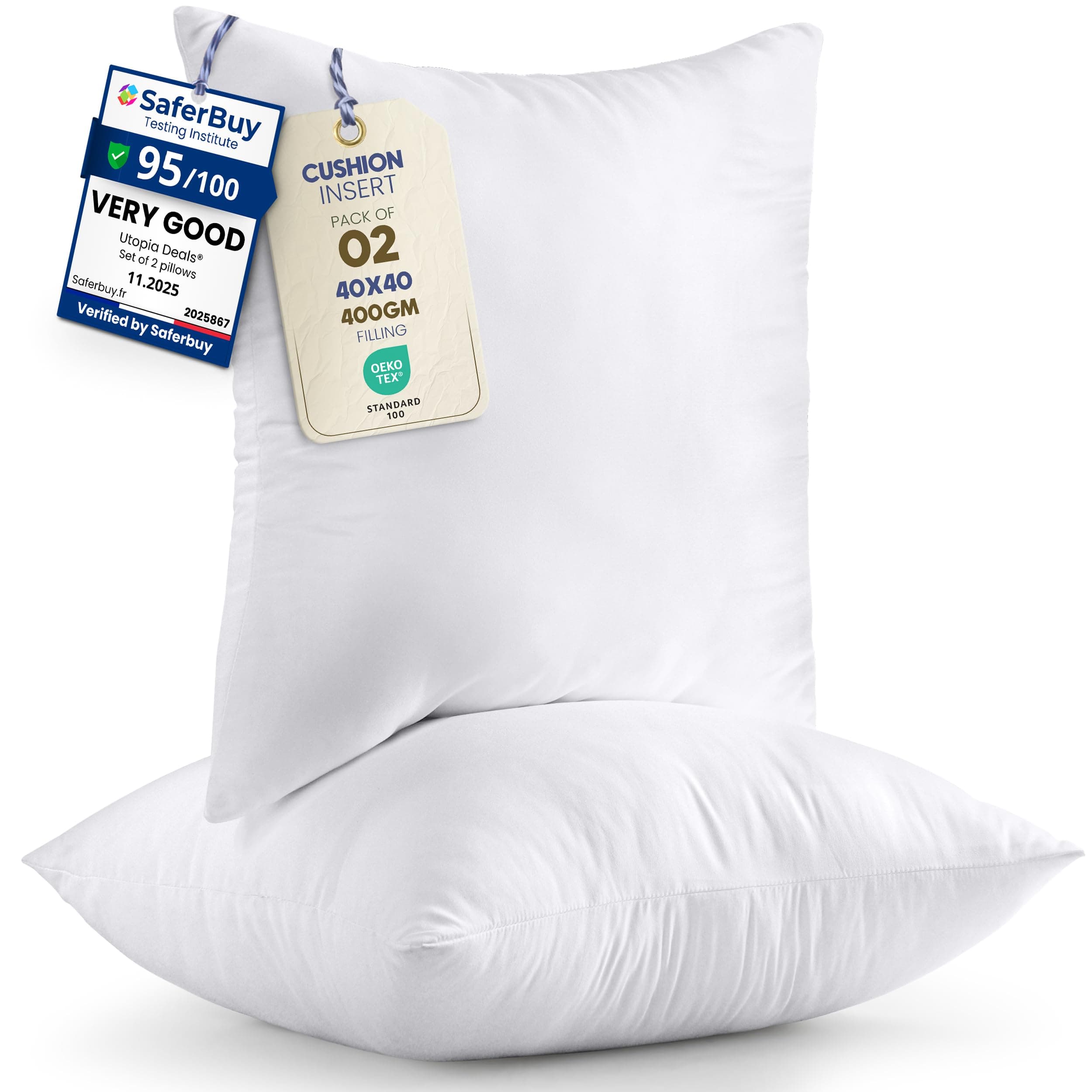 Utopia Bedding Cushion Inserts 40cm x 40cm (16x16 inch) Pack of 2 Hollowfibre Inner Pads for Sofa or Bed – White Cushions Fillers