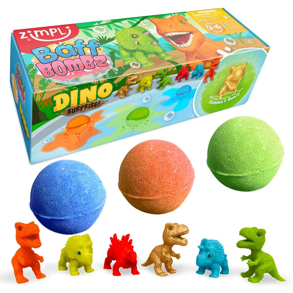 Zimpli Kids 3 x Large Dino Surprise Bath Bombs, 6 Surprise Dinosaur Toys to Collect in Total, One Per Bath Bomb, Bubble Bath Toy Fizzies for Xmas, Stocking Fillers, Pocket Money Toy, Birthday Gift