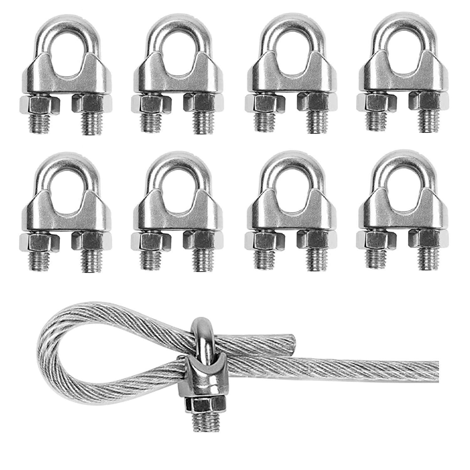 TERF® 8 Pcs Wire Rope Clip Clamps M8 for Ø 8mm (5/16") Galvanized Steel U Bolt Saddle Fastener for Rigging and Tension Cable Garden Tension Wire