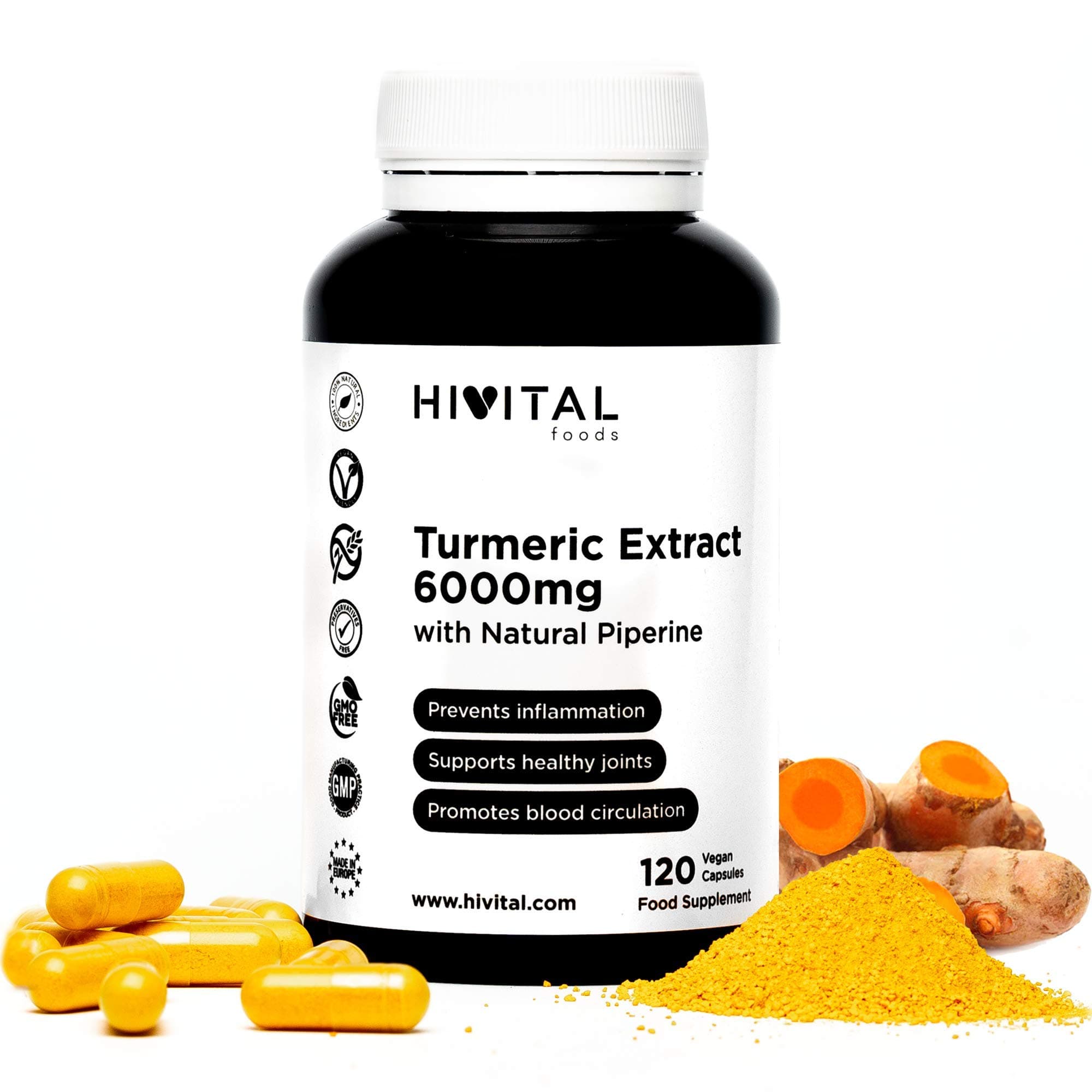 Turmeric Curcumin 6000mg concentrated extract | 120 vegan capsules | Powerful antioxidant for cardiovascular and joints health with highly concentrated Turmeric root | by Hivital