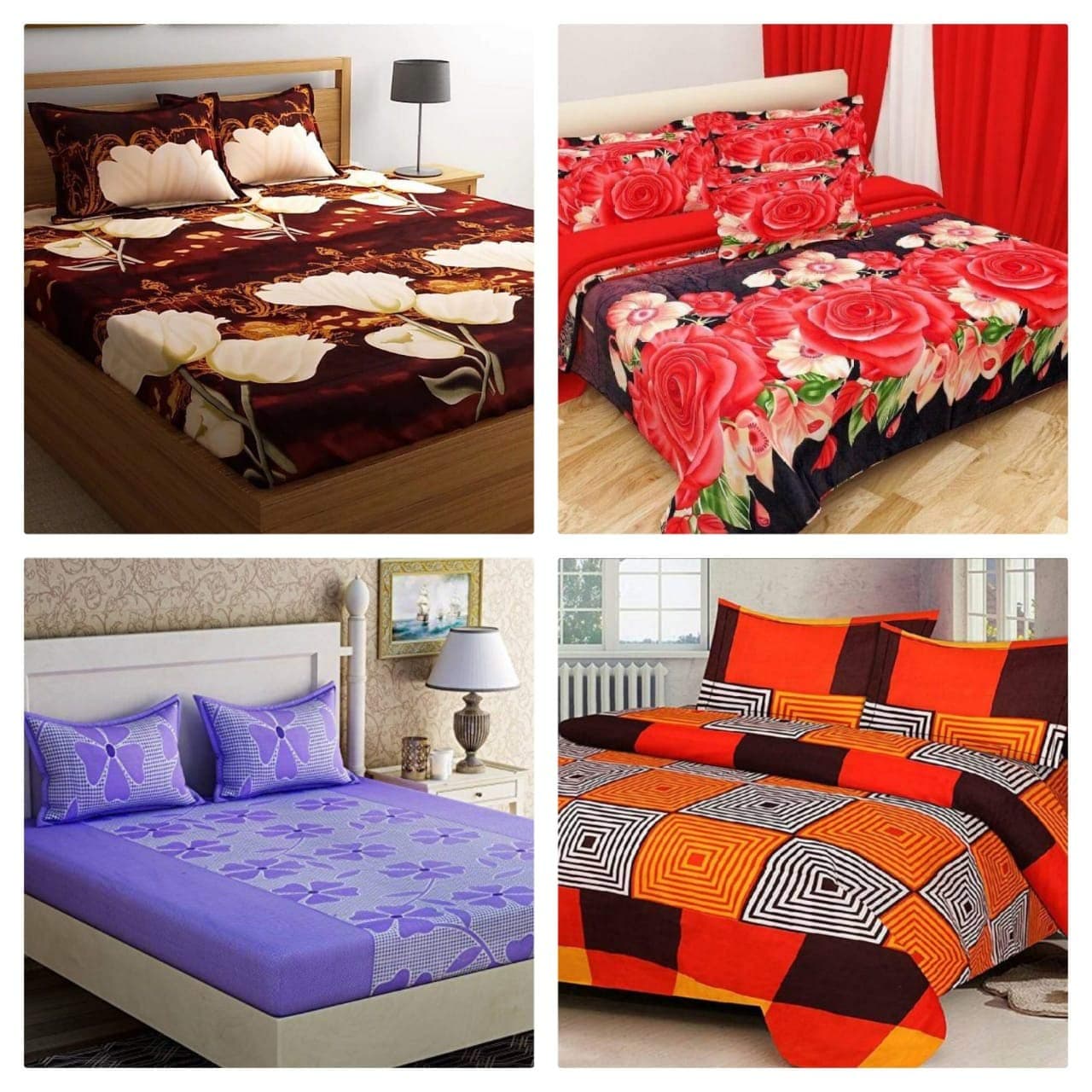 RS Home Furnishing Glace Cotton Double Bedsheet with 8 Pillow Covers (Multicolour) - Combo Set of 4