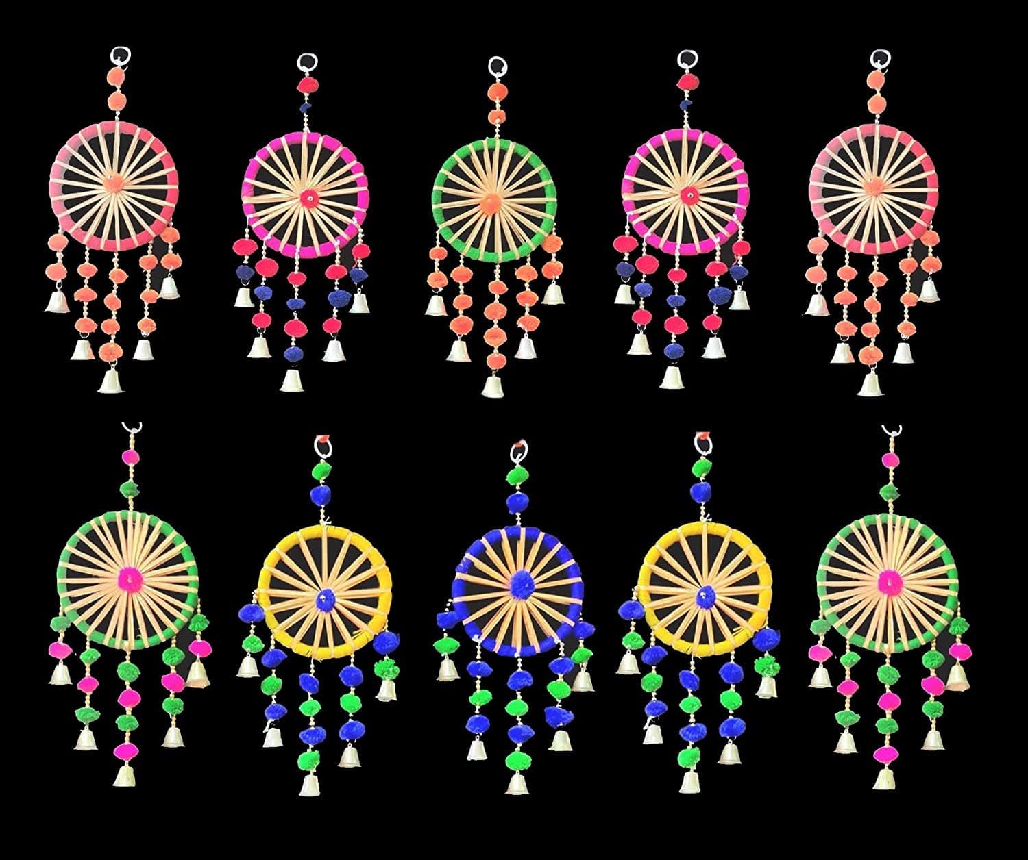 ANISHOP Decorative Wall Door Hanging Latkan Toran with Bells (Multi, Set of 20, 30 cm x 13 cm) for Main Door Entrance Pooja Room Home Rajasthani Traditional Decoration