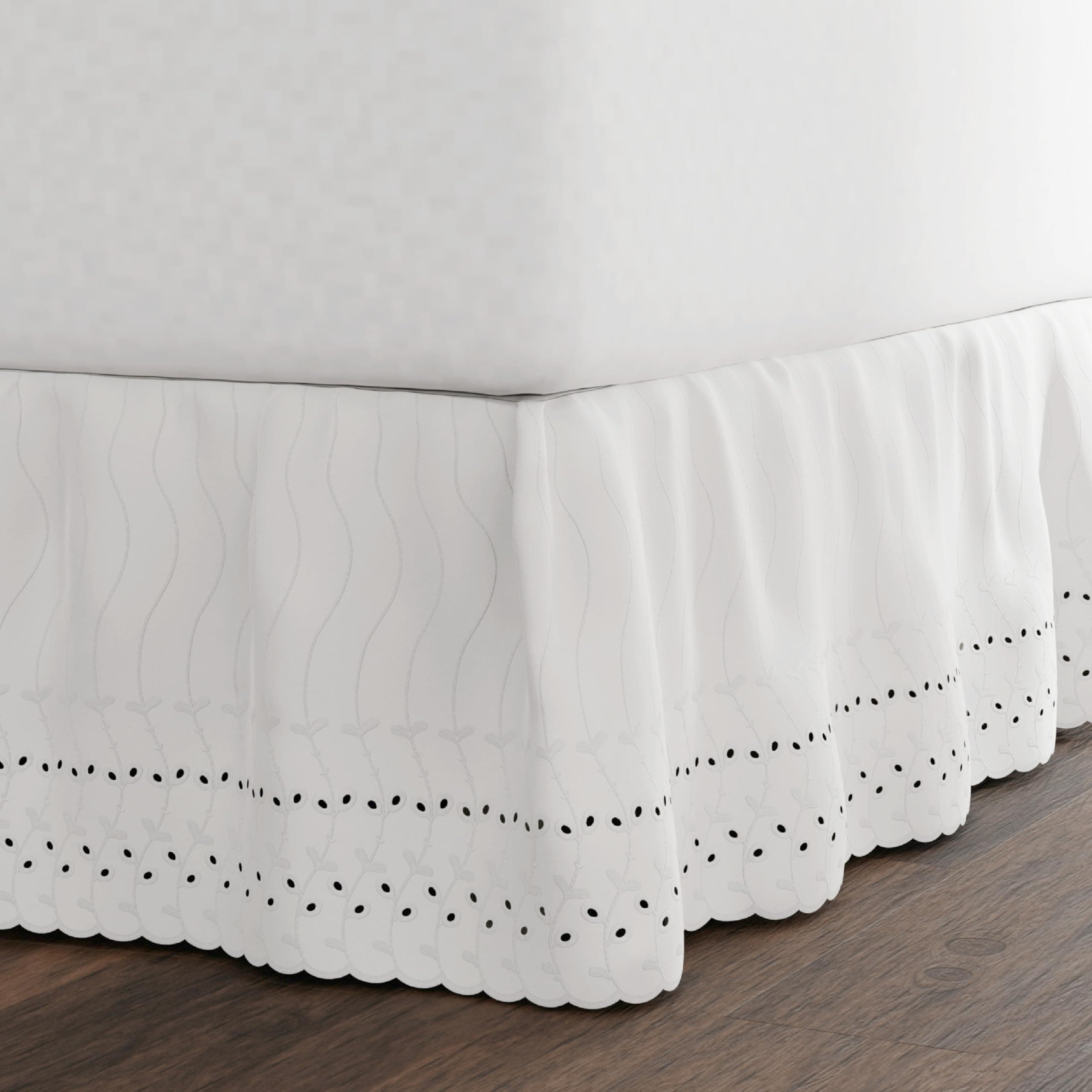Eyelet Ruffled Bedskirt - Ruffled Bedding with Gathered Styling -14" Drop, Twin, White