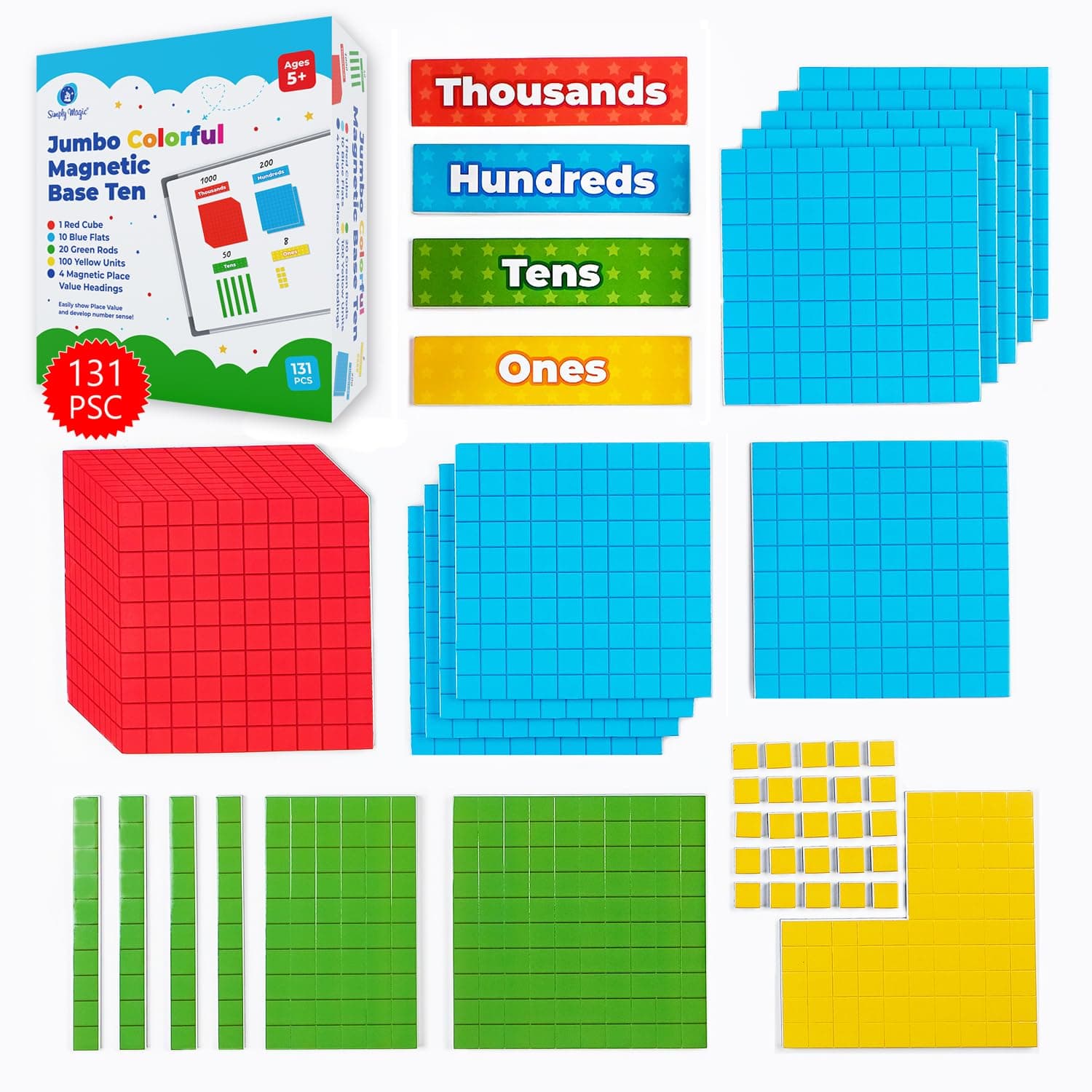 131+4 PCS Jumbo Colorful Magnetic Base Ten Blocks for Math + Headings - Place Value Manipulatives Magnets, Math Manipulatives, Base 10 Blocks, Counters for Kids, Classroom Must Haves