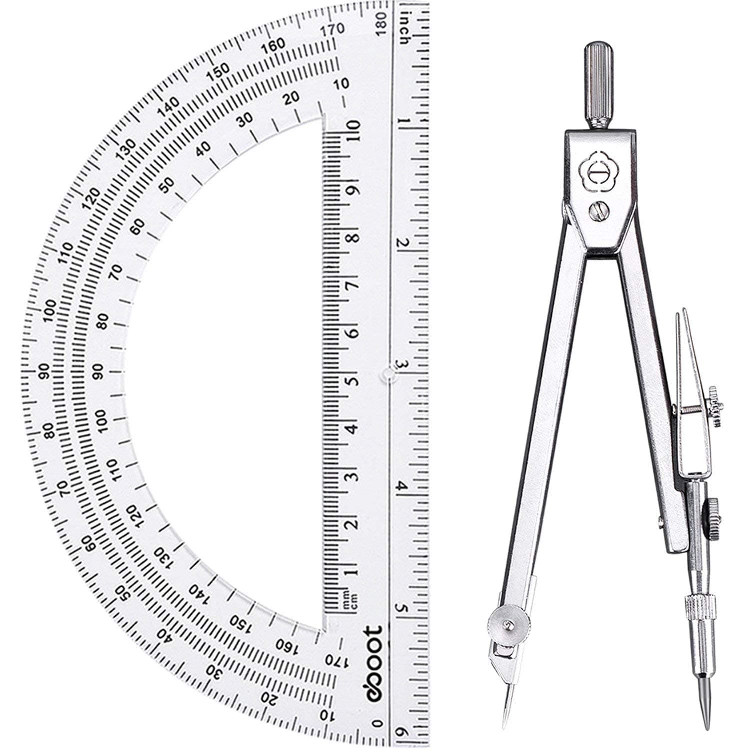 EBOOT 2 Pack Student Geometry Math Set, Drawing Compass and 6 Inch Clear Swing Arm Protractors 180 Degree Math Protractor (Style 1)