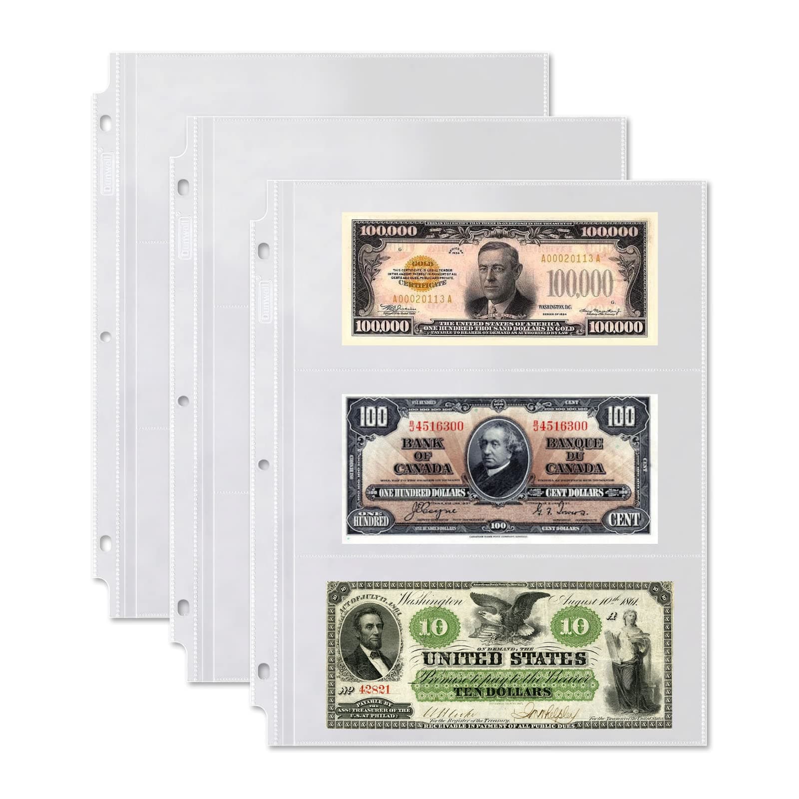 Dunwell Binder Currency Sleeves for Collectors - (50 Pack), Acid-Free 3-Pocket Clear Plastic Refill Pages for Currency Collection Album, 3-Ring Binder Sheet Protectors for Bills, Banknotes or Coupons