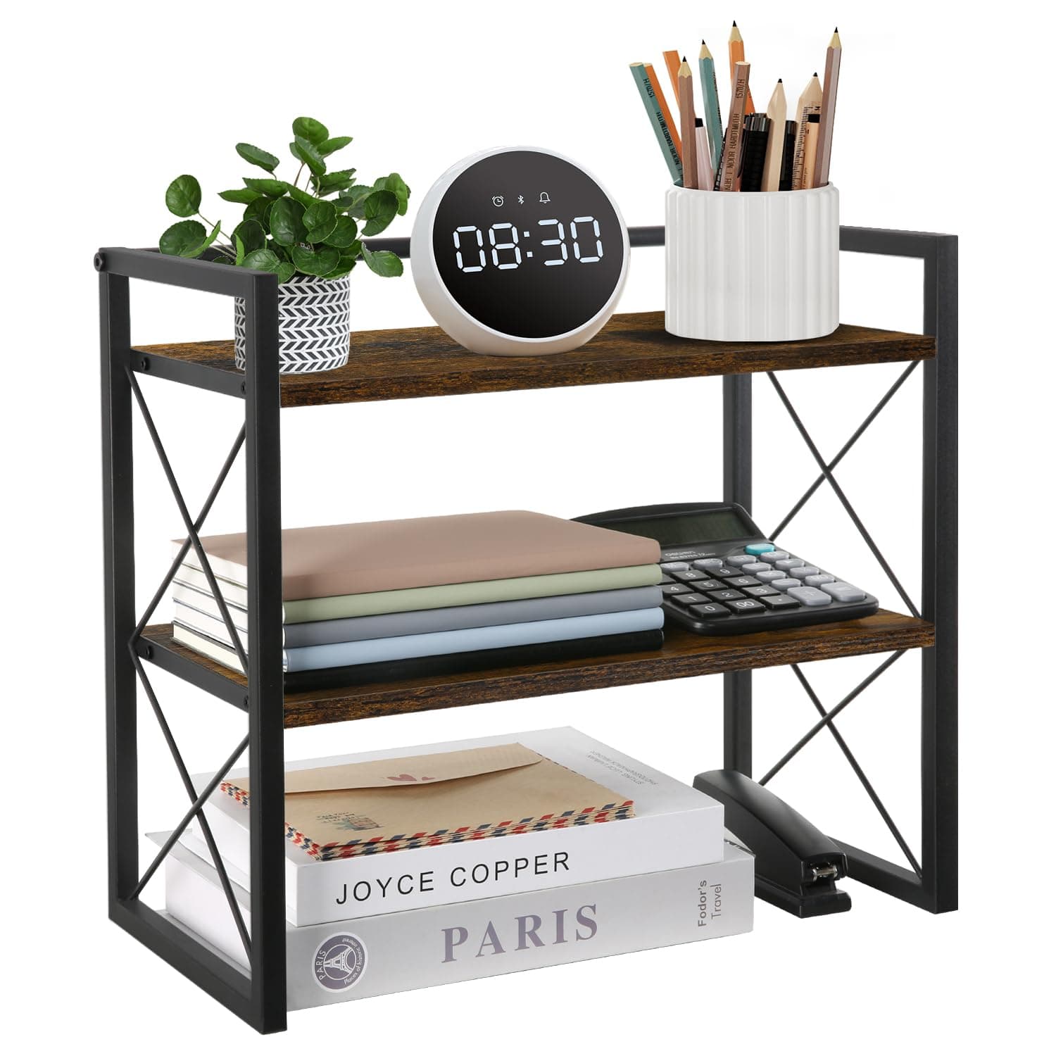 YINMIT Desktop Shelf Organizer, 2 Tier Office Shelves, Wood Desk Organizer Storage Rack and Freestanding Display Shelf for Office, Dormitory, Home