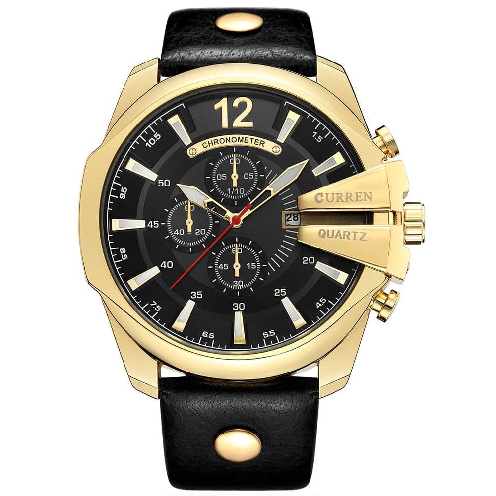 Men Watches Luxury Gold Male Fashion Leather Strap Outdoor Casual Sport Wristwatch with Big Dial, Gold Black