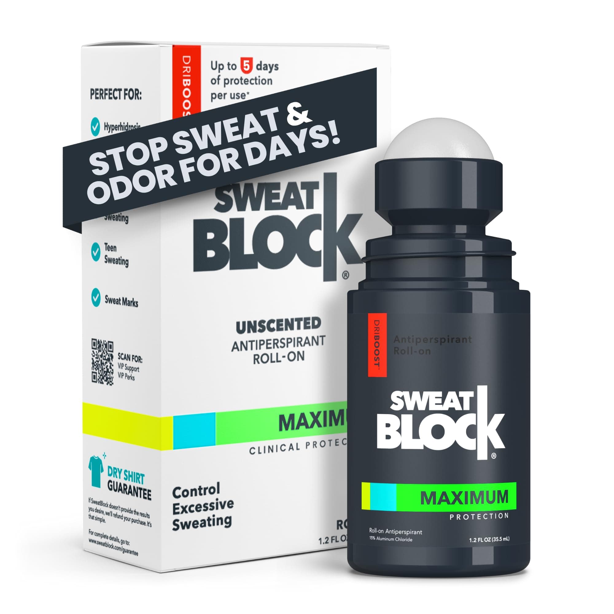 SweatBlock Antiperspirant Roll-on - Maximum Clinical Strength with DRIBOOST Treat Hyperhidrosis, Excessive Sweat & Odour Up to 7 Days Sweat Control Per Use Unisex 35ml
