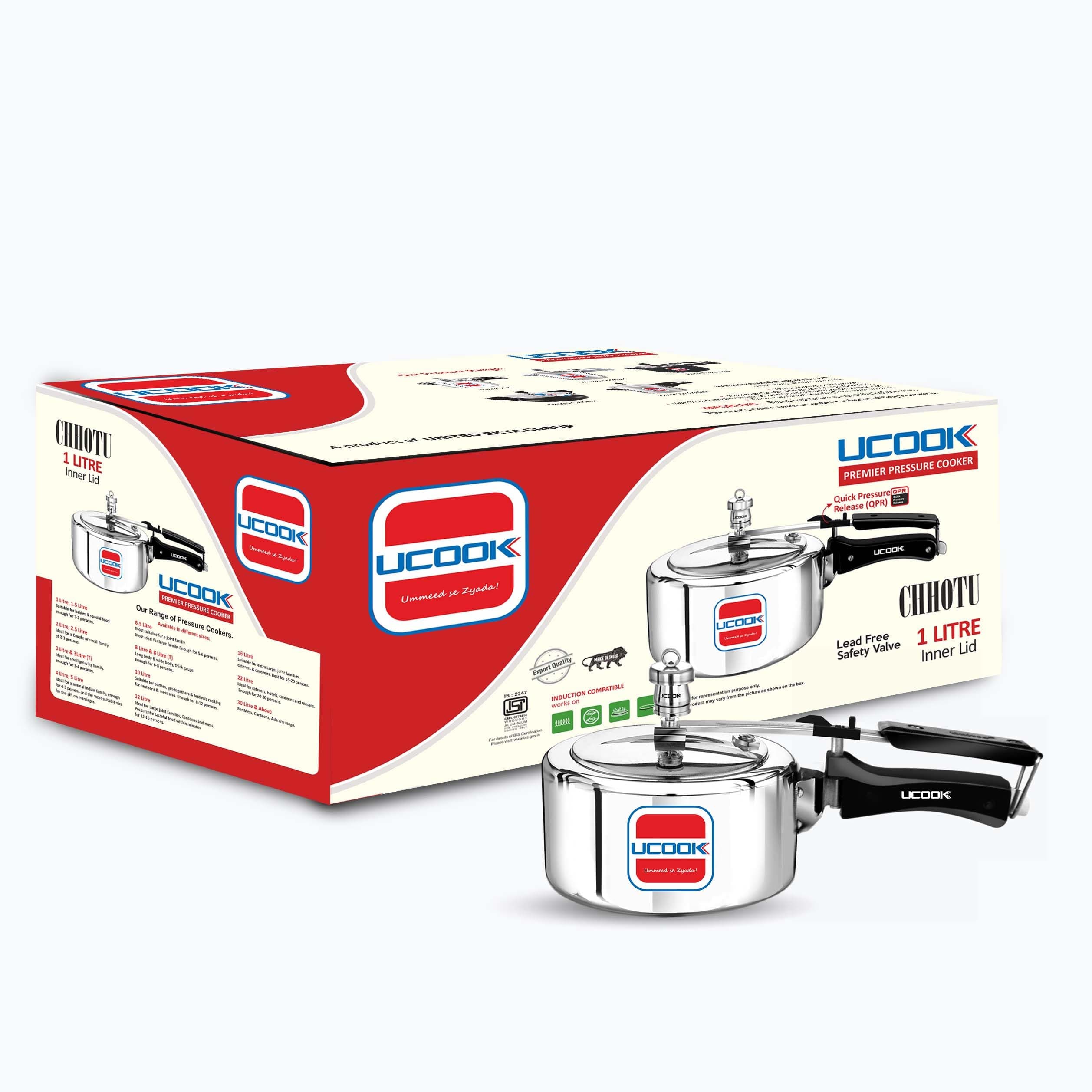 UCOOK Chhotu Premier Plus Aluminium Induction Base Inner Lid Pressure Cooker, 1 Litre, Silver