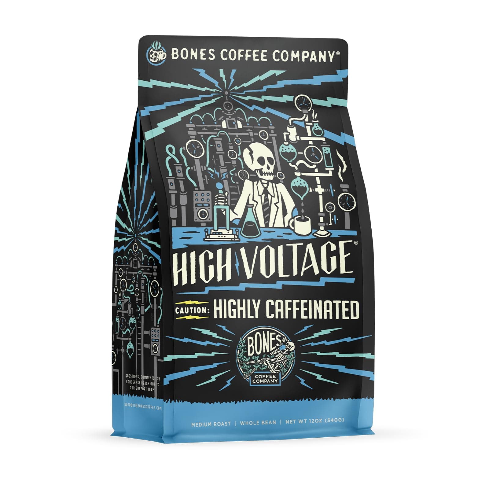 High Voltage, Highly Caffeinated Unflavored Coffee, Medium Roast Low Acid Arabica Beans Compatible with Auto drip and French Press Coffee Maker, 12 Oz Whole Bean