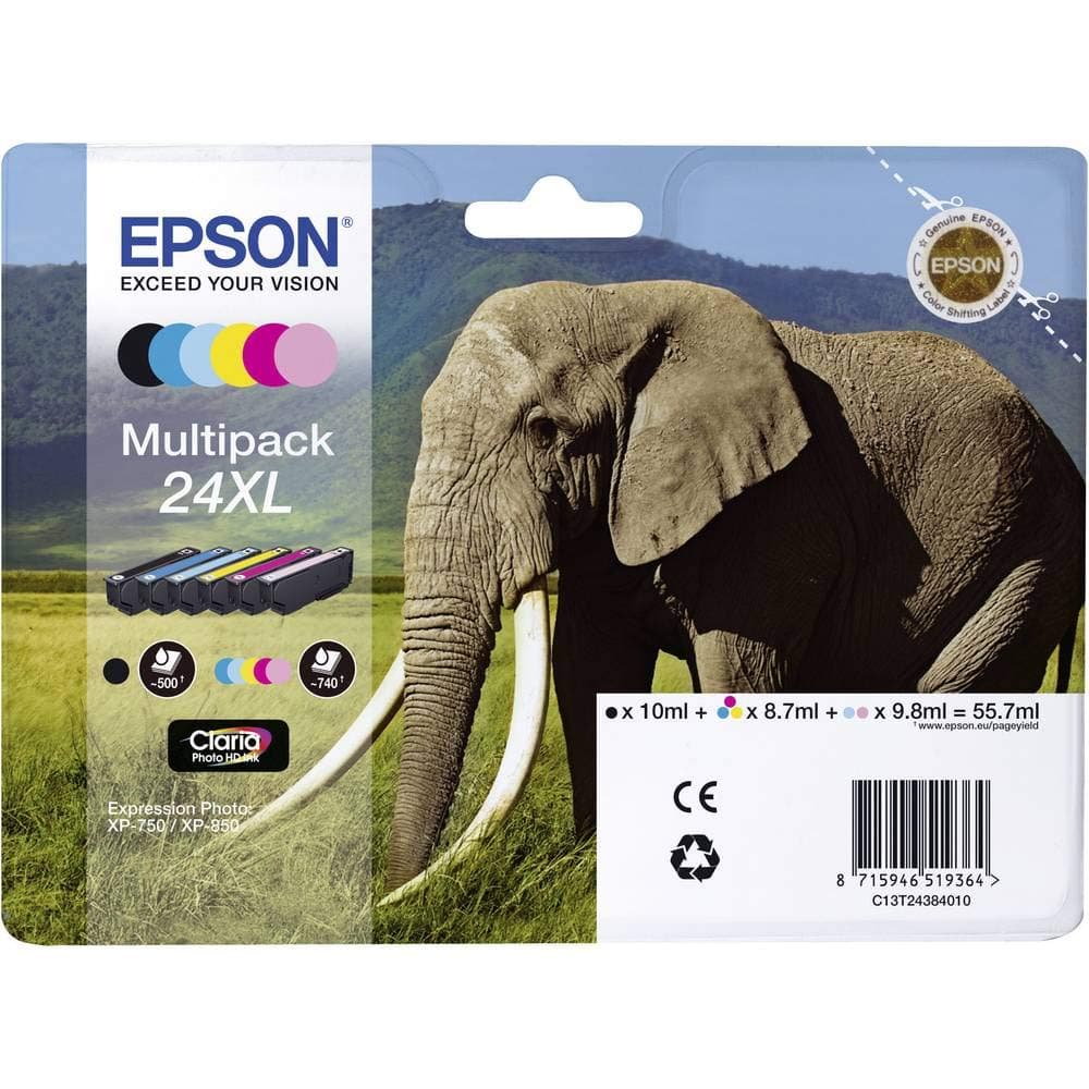 24XL Elephant High Yield Genuine Multipack, 6-colours Claria Photo HD Ink Cartridges, Black/Yellow/Magenta/Cyan, XL High Capacity