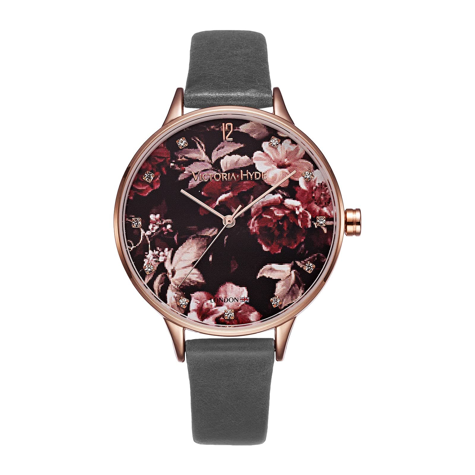 VICTORIA HYDEAnalog Quartz Watches for Women Casual Floral Pattern Dial Fashion Wristwatch with Genuine Leather Strap Black Red Grey