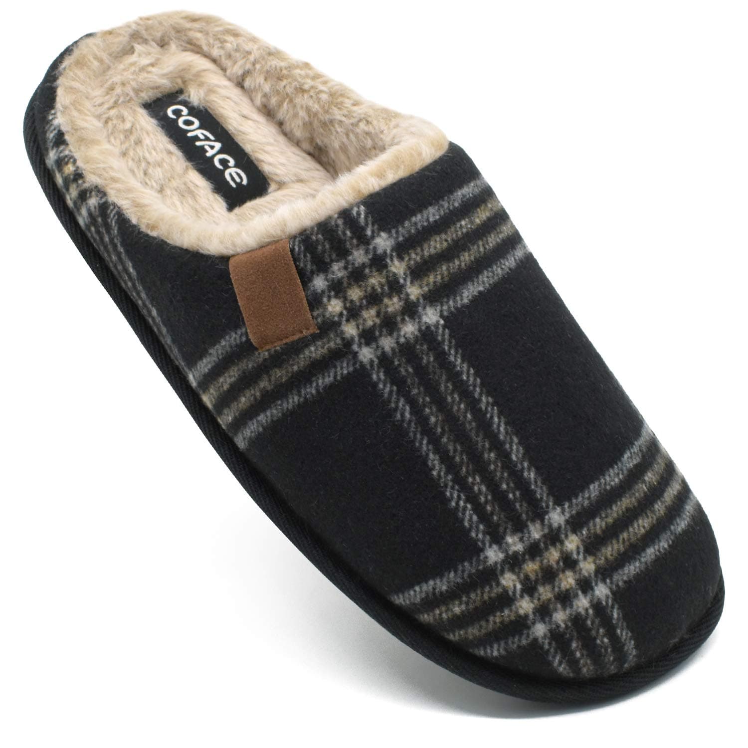 COFACEMens Black Flano Plaid Cozy Memory Foam Scuff Slippers Slip On Warm House Shoes Indoor/Outdoor with Best Arch Surpport Size 11