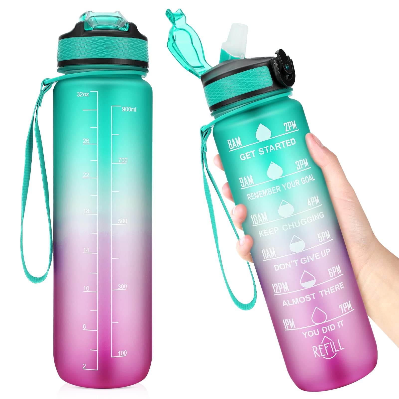 Yirochan 1 Litre Water Bottle with Time Markings - Leakproof Sports Water Bottle with Straw, BPA Free Drinking Bottle Sports Bottle for Men Women Cycling Hiking Running Gym