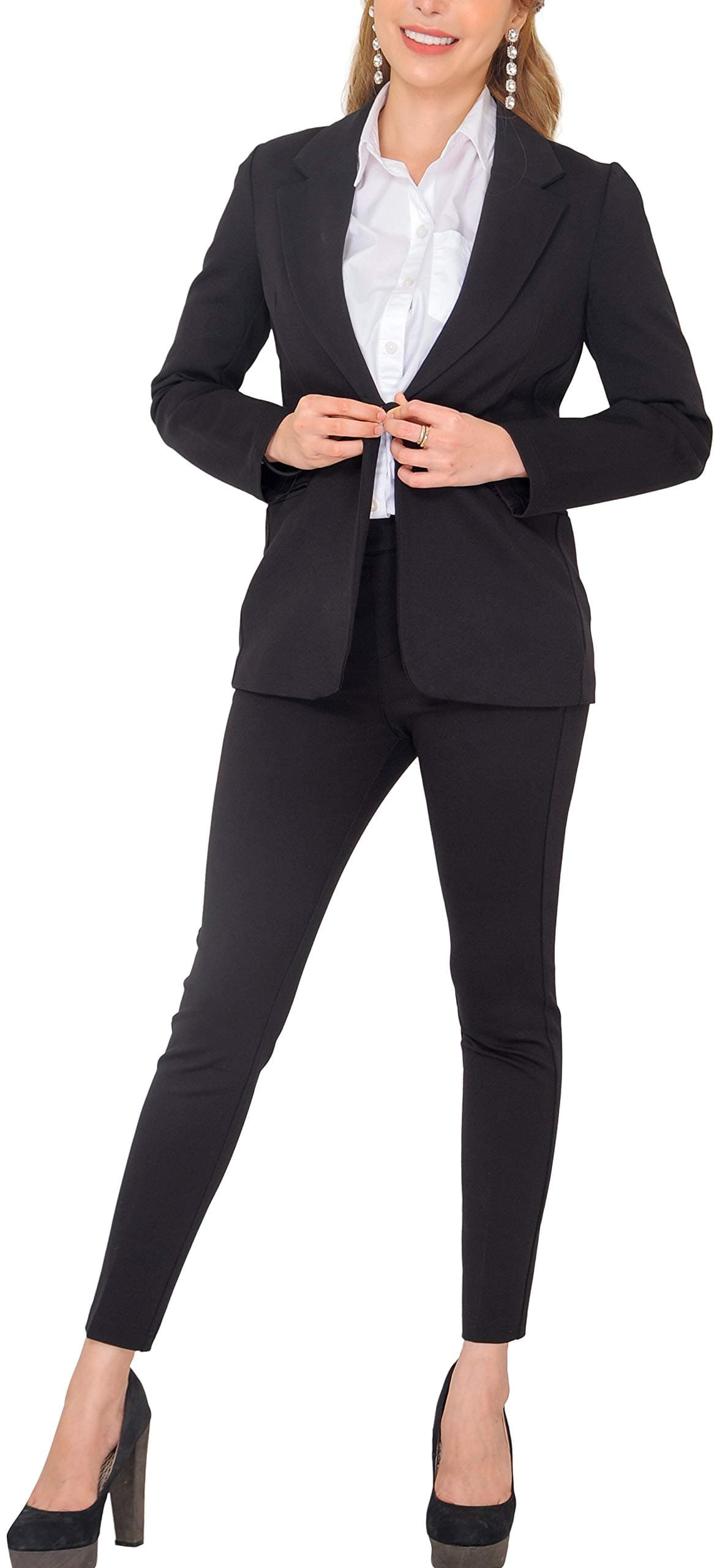 MarycraftsWomen's Business Blazer Pant Suit Set for Work, Black, 16